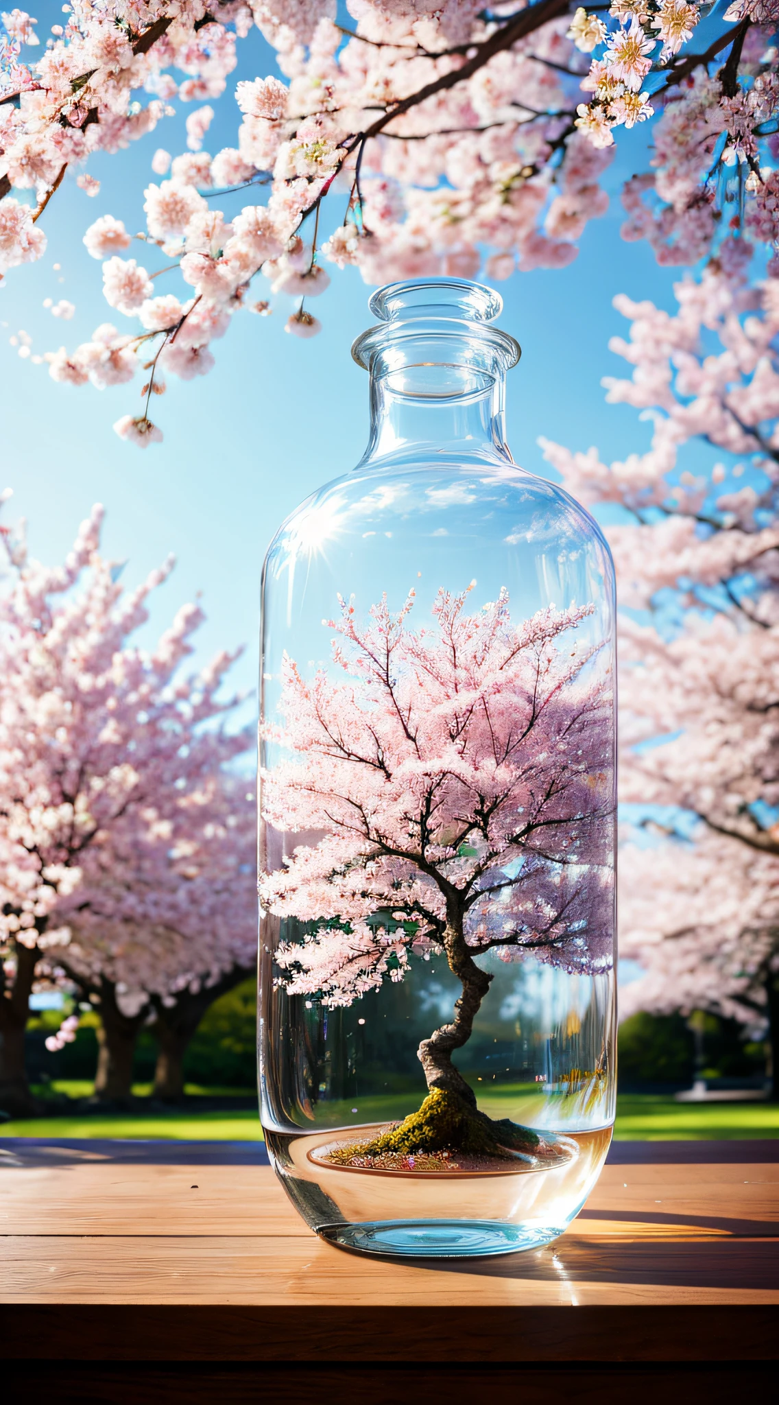 Cherry blossom tree in a bottle, Fluffy, Realistic, depth of fields,Atmospheric light refraction, nikon d850 film stock photograph 4 kodak portra 400 camera f1.6 Shots rich colors Ultra-realistic realistic textures Dramatic lighting Trends on Unreal Engine ArtStation CineStill 800, Style-Glass