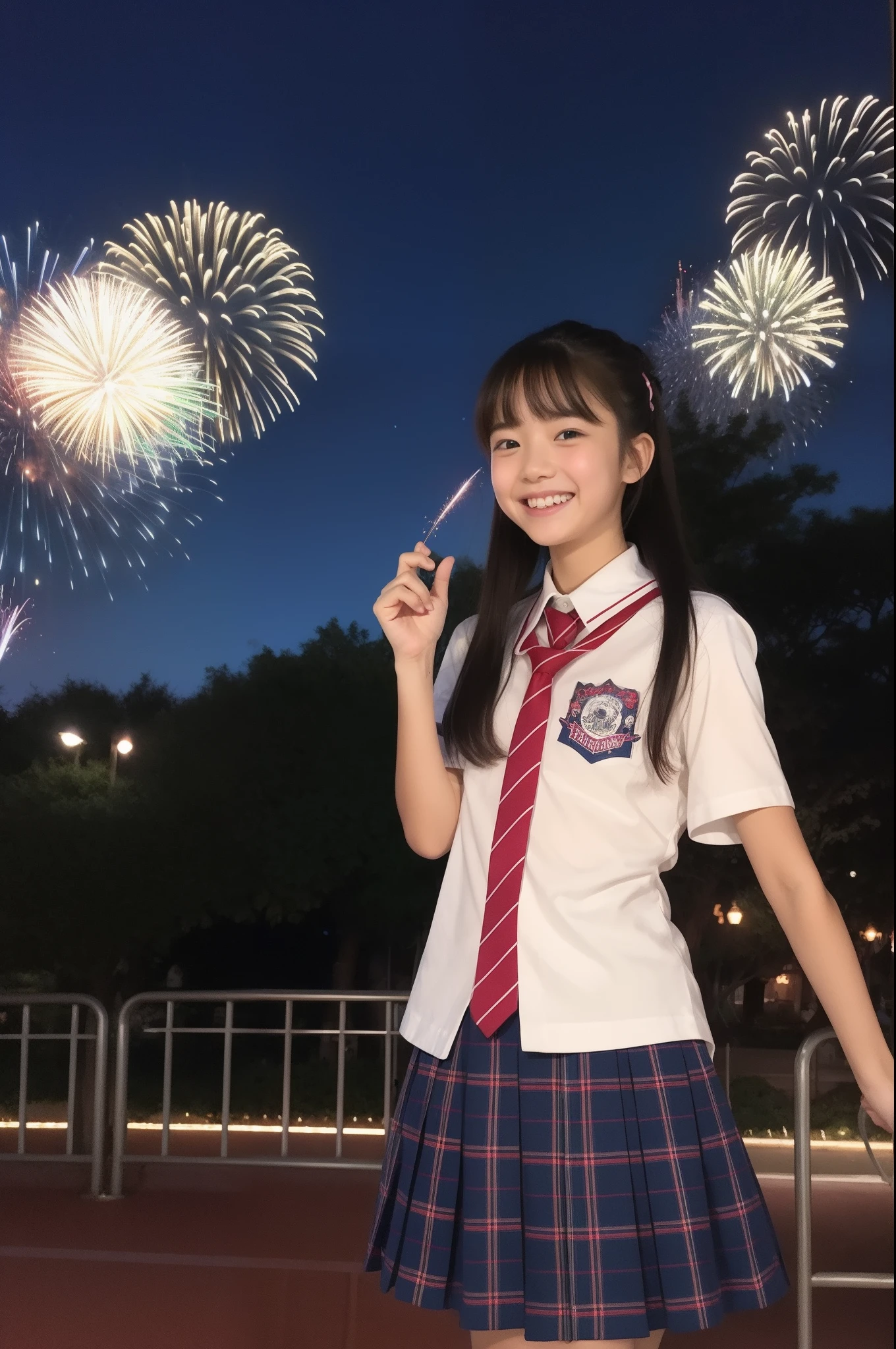 A smile、hi-school girl、校服、shortsleeves、Disney land、While doing fireworks