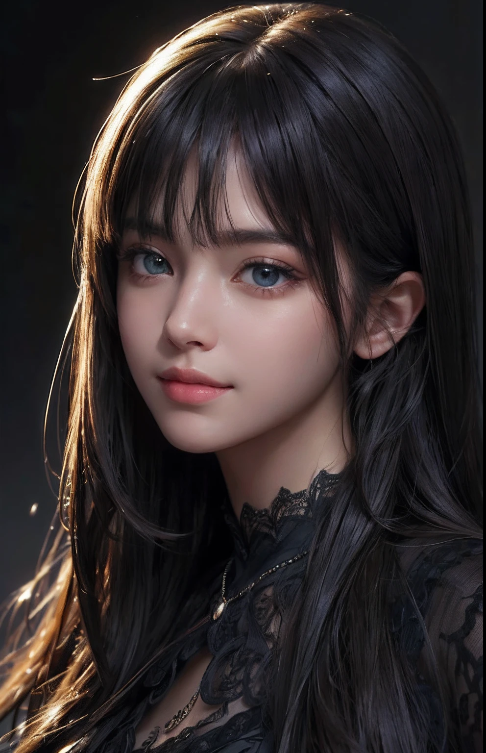 (Ultra Realistic), (Illustration), (Increased Resolution), (8K), (Extremely Detailed), (Best Illustration), (Beautiful and Detailed Eyes), (Best Quality), (Ultra Detailed), (Masterpiece ), ( wallpaper), (detailed face), solo, 1 girl, looking at viewer, fine details, detailed face, in the dark, deep shadows, low key, pureerosfaceace_v1, smiling, long hair, black shawl straight hair , 46 points oblique bangs