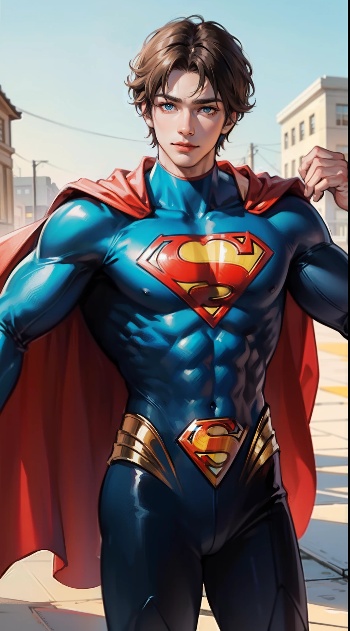 (1man, Superman), (extremely detailed CG unit 8k wallpaper),(master part), (best quality), (ultra detail), (best illustration),(wanostyle), cowboy shot, (Sharp eyeliner, ombre, detail eyes:1), dark dungeon indoors background, ,break , (vamptech), upper body, camisa, red cape