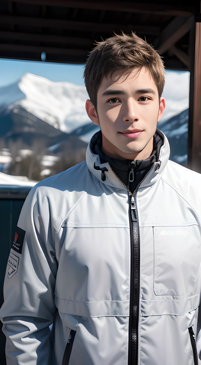 ((Men only)), (head shot), ((showing his abs)), (Handsome muscle man in his 20s), (male snow ski player), (on the ski slopes of a snowy mountain), (smile), ((Chris Redfield)), (white down jacket), (detaile: 1 in 1), Natural muscles, HIG quality, beautidful eyes, (Detailed face and eyes), (Face、: 1 / 2), Noise, Real Photographics、... ..................................................................................................................PSD, Sharp Focus, High resolution 8K, realisitic & Professional Photography, 8K UHD, Soft lighting, High quality, Film grain, FujifilmXT3