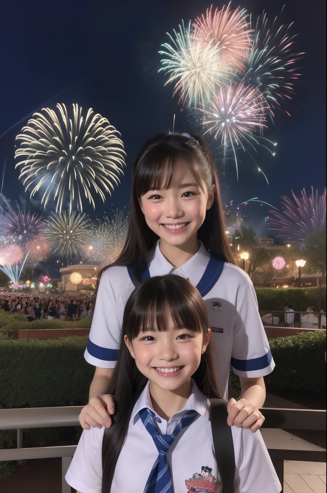A smile、hi-school girl、校服、shortsleeves、Disney land、While doing fireworks