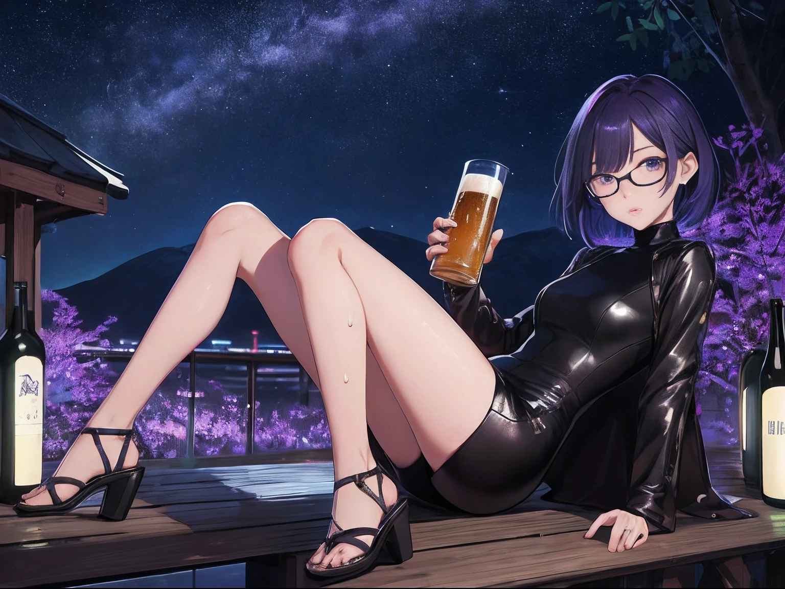 Ridiculous resolution, Ultra-detailed, Best Quality, Illustration, 8K, 超A high resolution, 细致背景、Delicate drawing、-yeld beiful girl、Deep ash hair、Blue Inner Color、Pixie Short、Forehead、eye glass、Short、Tiny、Pin Heel Midnight、 slender, cum in ,straight haired、Short hair, Slender eyes , (((Sweat)))、Leather Turtleneck Dress、Pin Heel Sandals、beauty legs、((Drunk)),
holding beer bottles、Stand beside the night、Purple light-up, starrysky、nighttime scene、Super beautiful background、A detailed face、Realistic Girl