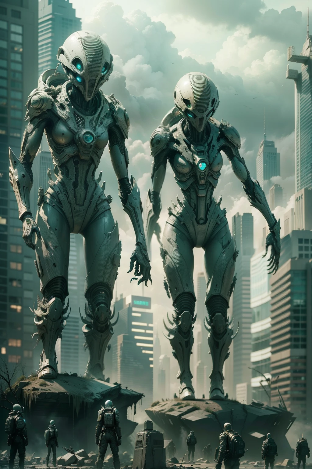 Technologically advanced and highly detailed aliens in a post-apocalyptic cityscape.Ghost statues of futuristic aliens from another dimension of the universe, Destroyer