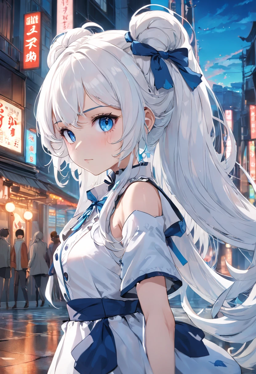 white color hair,Double ponytail curls,blue color eyes,White ta,Beth,A bustling city street