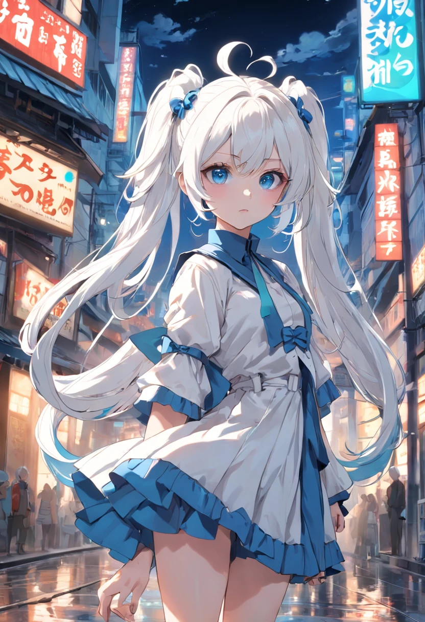 white color hair,Double ponytail curls,blue color eyes,White ta,Beth,A bustling city street