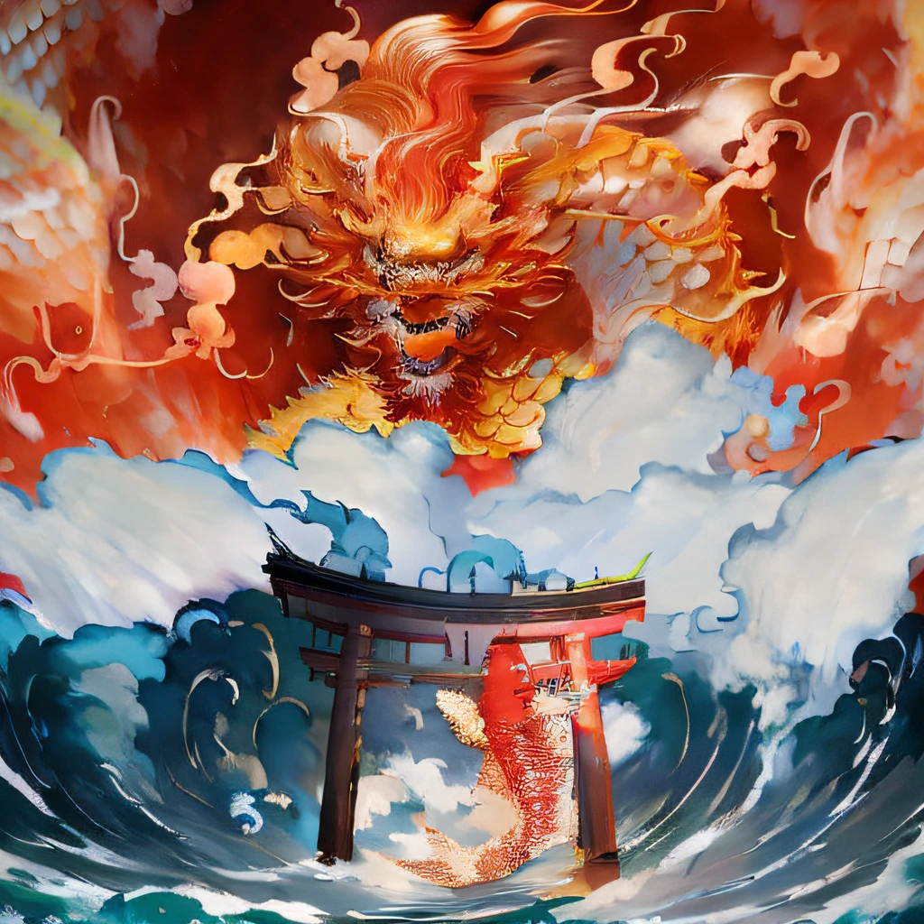 There is a photo of a dragon and a fish in the water, Chinese fantasy, sea serpent, colossal dragon as background, cyan chinese dragon fantasy, chinese dragons fighting, colossal dragon in background, majestic japanese dragon,The fish,Koi,carp, a dragon made of clouds, oil painting of dragon, Chinese mythology, Chinese Dragon,Koi,Torii,swell sea,Clouds,Jump red carp
