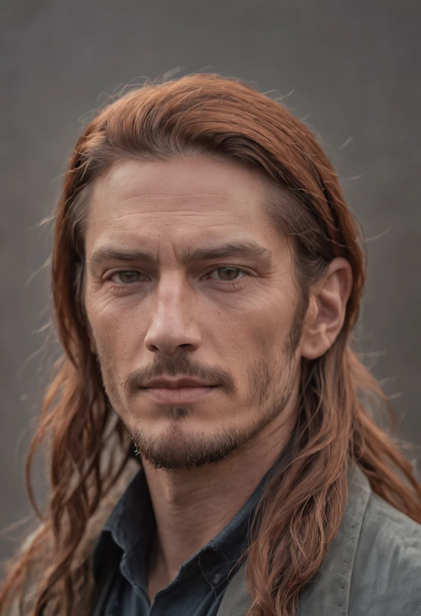 a portrait photo of, James Hebert and Ben Robson mix headshot as a weathered 30-year-old man, ugliness, Hideous, lanyard, broad shoulder, well built, rugged, long copper rust-colored hair, Hair tied in a loose ponytail, Widow's peak,Whole body muscles ,Confident expression, intense stare, full bodyesbian,Beardless,