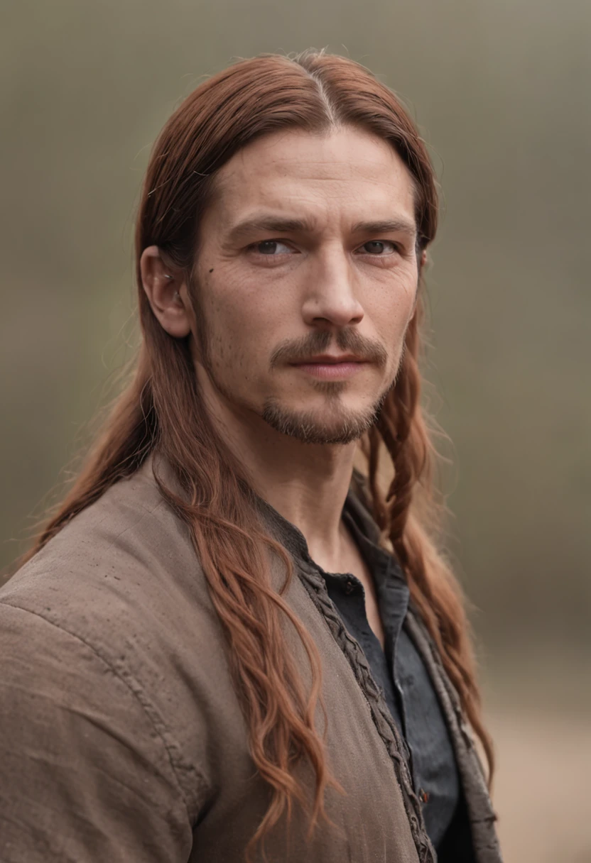 a portrait photo of, James Hebert and Ben Robson mix headshot as a weathered 30-year-old man, ugliness, Hideous, lanyard, broad shoulder, well built, rugged, long copper rust-colored hair, Hair tied in a loose ponytail, Widow's peak,Whole body muscles ,Confident expression, intense stare, full bodyesbian,Beardless,