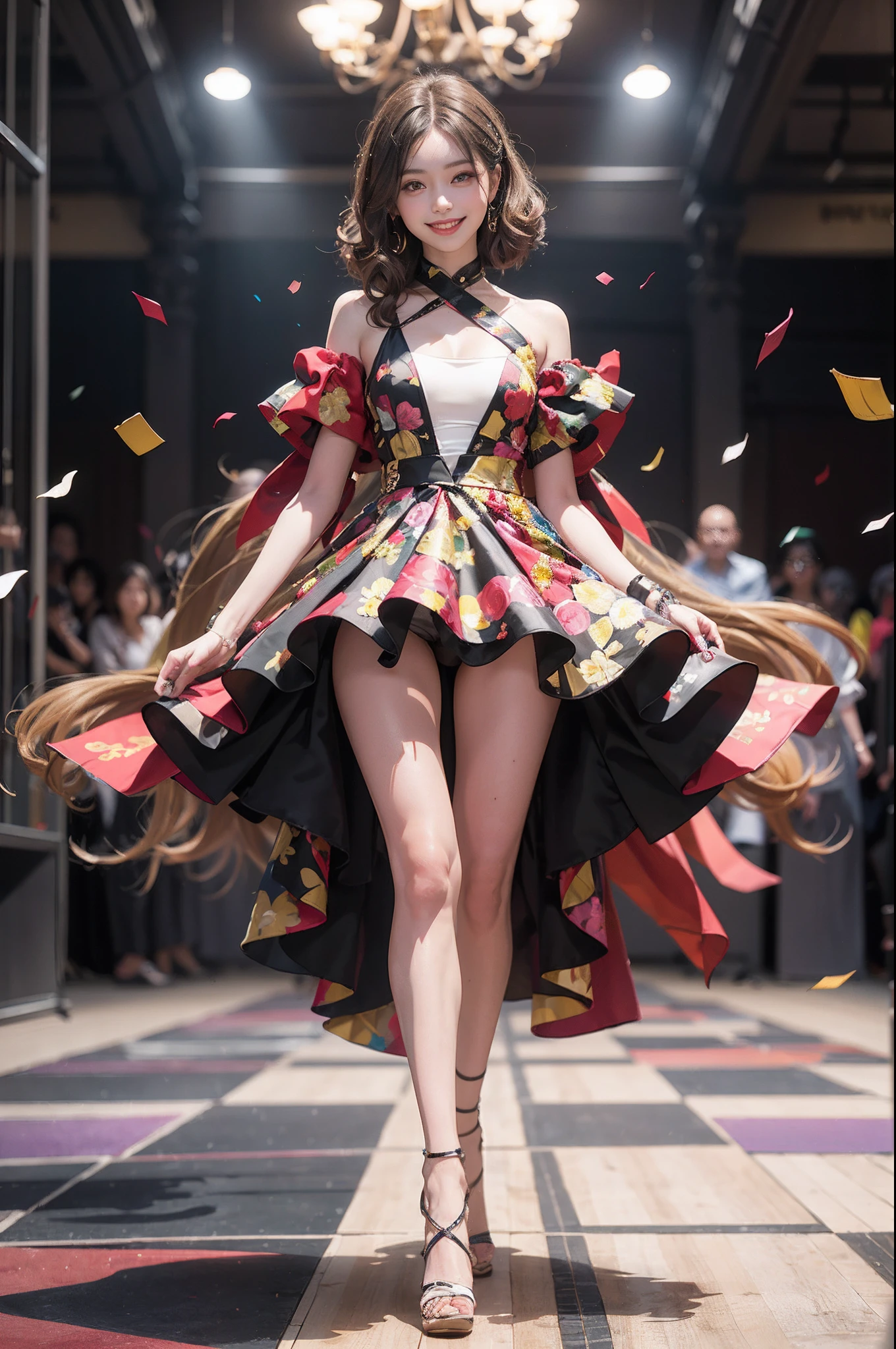 1girl in, (Smile:1.6) ,stunningly beautiful girl, Haute_Couture, designer dress, high-heels,high fashion,  High Brand,Famous fashion shows, (Indoor runway:1.4),Long shape face, beautiful countenance, darkred eyes, Sandy Blonde Side Sweep Hair, Short hair, Long ringlet, catwalk,Red carpet,Colorful confetti, Vivid colors, masutepiece, Best Quality, absurderes, Highest Quality, Amazing details, 8K, Aesthetic,Perfect Lighting,Look at viewers,(dynamic ungle:1.2),large stage,Large crowd,