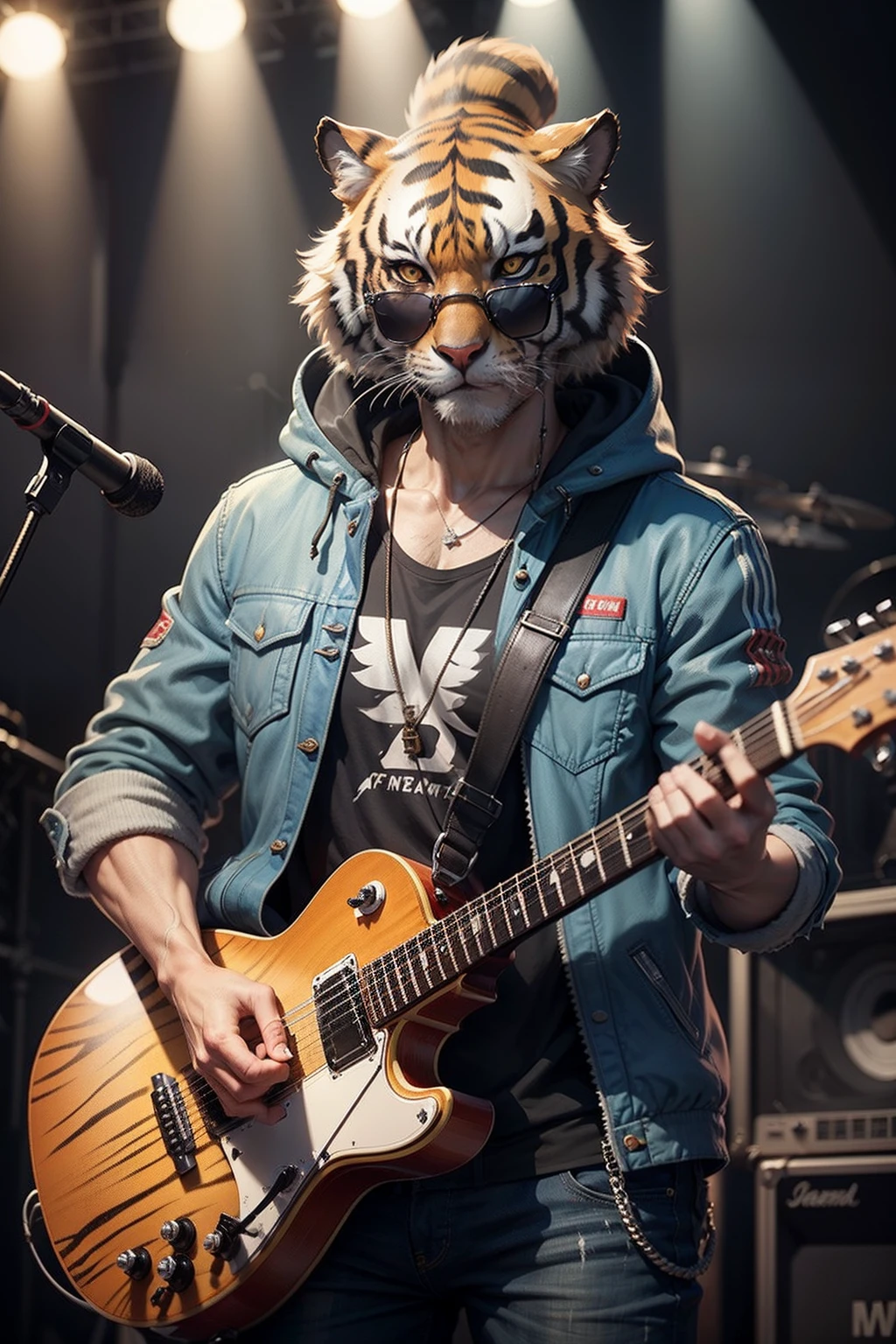 Cartoon tiger wearing jacket，Wearing sunglasses，holding guitars，Cool stage background，top-quality， single focal， 复杂 （the detail： 1.1） unreal-engine，tmasterpiece， （ultra-detailliert），
