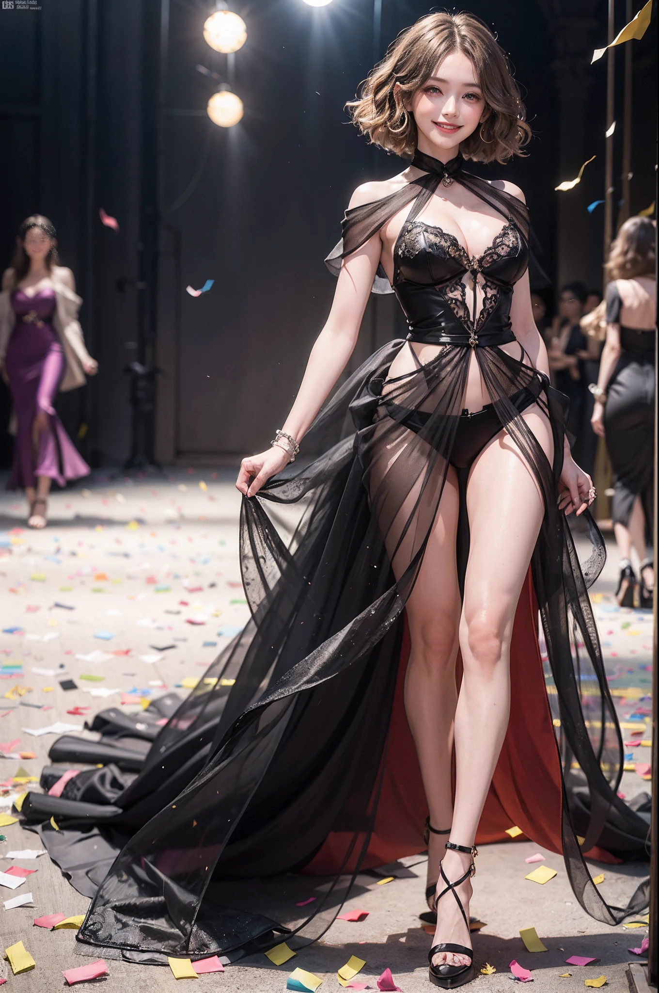 1girl in, (Smile:1.6) ,stunningly beautiful girl, Haute_Couture, designer dress, high-heels,high fashion, High Brand,Famous fashion shows, (Indoor runway:1.4),Long shape face, beautiful countenance, darkred eyes, Sandy Blonde Side Sweep Hair, Short hair, Long ringlet, catwalk,Red carpet,Colorful confetti, Vivid colors, masutepiece, Best Quality, absurderes, Highest Quality, Amazing details, 8K, Aesthetic,Perfect Lighting,Look at viewers,(dynamic ungle:1.2),large stage,Large crowd,