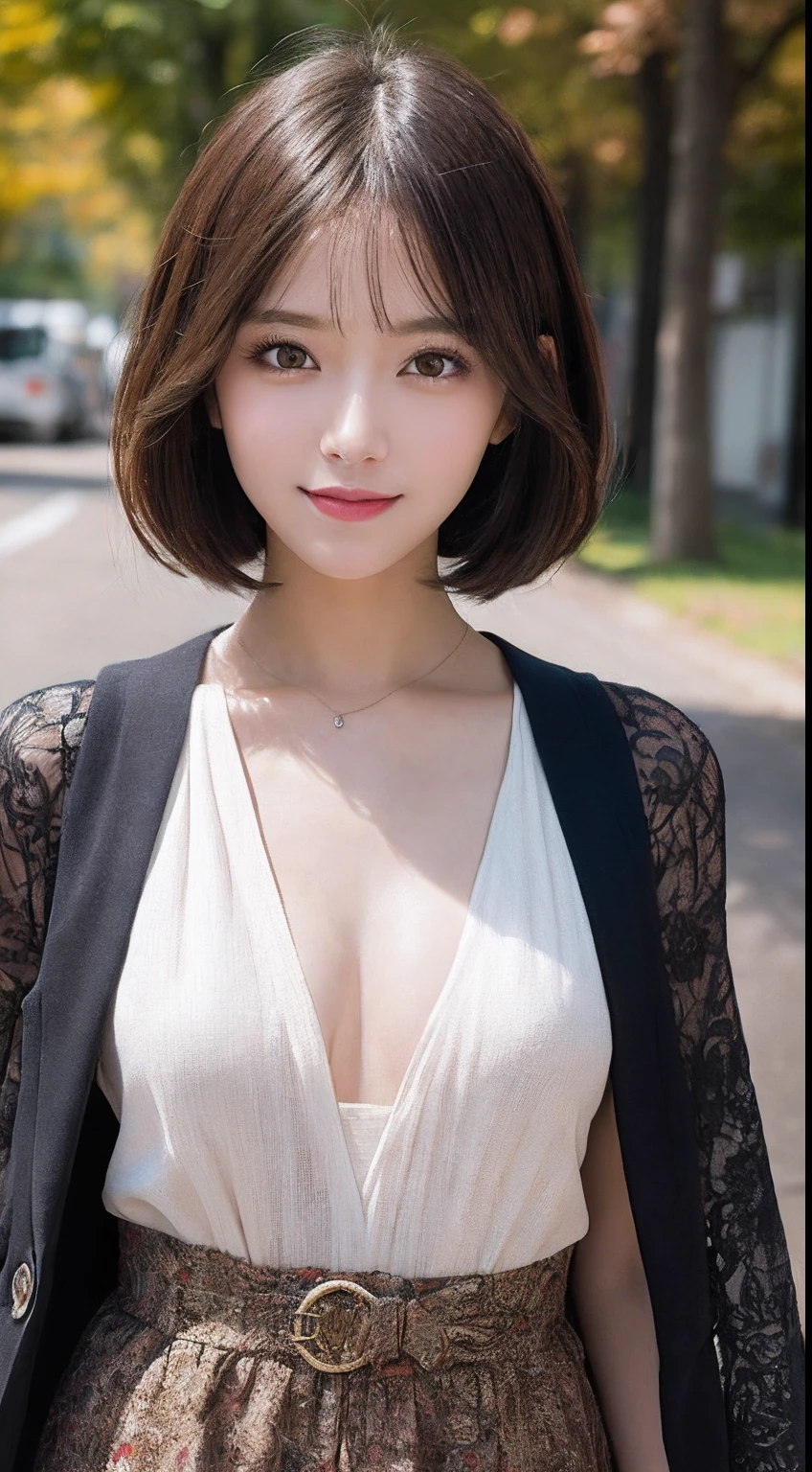 ((masutepiece)), ((Best Quality)), (Ultra-detailed), ((Extremely detailed)), 4K, (8K), Best Quality, (Beautiful), Gradation, (masutepiece, Best Quality:1.2), 8K, 18year old, 85 mm, Official art, Raw photo, absurderes, White dress shirts, Pretty Face, close up, Upper body, violaceaess, gardeniass, Beautiful Girl, Perforated sweater, Cinch West, thighs thighs thighs thighs, Short sleeve, Colossal tits, short-hair、atlibrary, Looking at Viewer, No makeup, (Smile), Film grain, chromatic abberation, Sharp Focus, face lights, clear lighting, Teen, Detailed face, Bokeh background, medium breasts