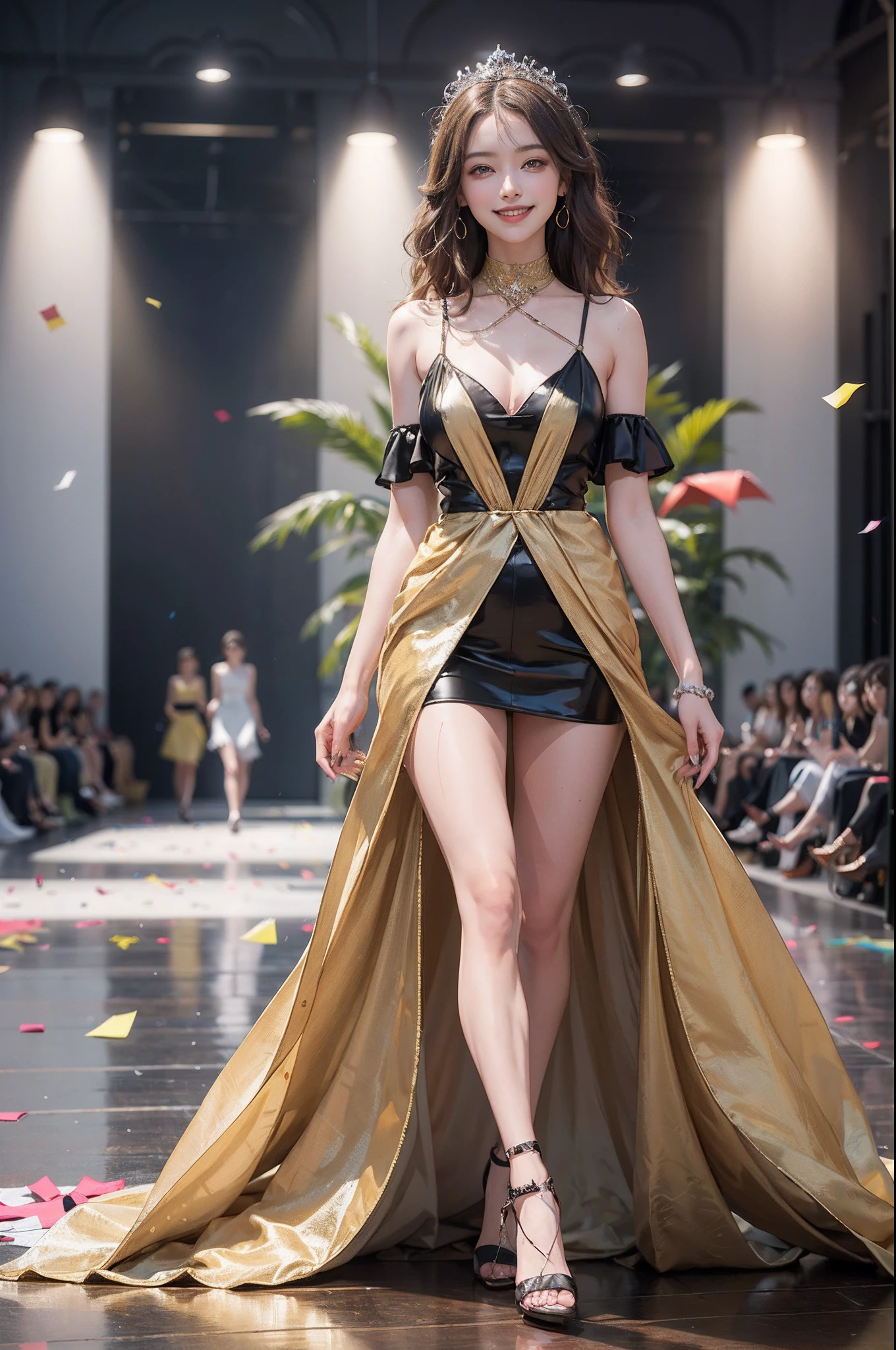 1girl in, (Smile:1.6) ,stunningly beautiful girl, Haute_Couture, designer dress, high-heels,high fashion, High Brand,Famous fashion shows, (Indoor runway:1.4),Long shape face, beautiful countenance, darkred eyes, Sandy Blonde Side Sweep Hair, Short hair, Long ringlet, catwalk,Red carpet,Colorful confetti, Vivid colors, masutepiece, Best Quality, absurderes, Highest Quality, Amazing details, 8K, Aesthetic,Perfect Lighting,Look at viewers,(dynamic ungle:1.2),large stage,Large crowd,