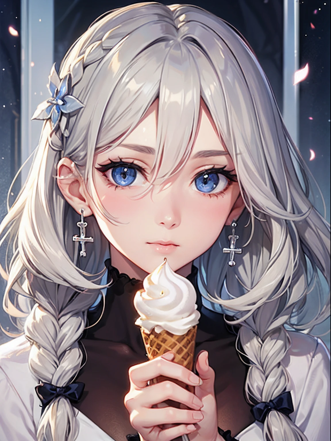 masterpiece、top-quality、hight resolution、High-quality images、8K、1maidennurse、detaileds、the detail、Detailed eye depiction、skin gloss、shinny hair、platinum-blonde、Long braided hair、Soft hair、anastasia、portlate、soft ice cream、Cream on the tip of the nose、Slight cross-eyed
