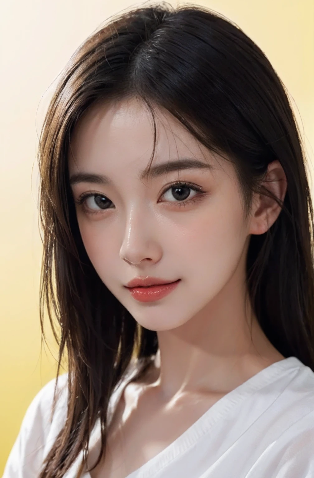 masterpiece, top-quality, 8K, absurderes, (The upper part of the body:1.4), white shirt, beautiful a girl, Clean face, looking at the viewers, A smile, A hyper-realistic, hight resolution, a picture, film grains, chromatic abberation, foco nítido, nffsw, face lights, Dynamic lighting, 电影灯光, Professional Shadows, simple background, (Dull yellow background:1.4), highestdetailed, ighly detailed, ultra-detailliert, finely detail, authentic skin, delicated facial features, detailed faces and eyes, Sharp pupils、Realistic pupils、(Korean、japanse、Chinese:0.3)、(Glossy lips:1.4)
