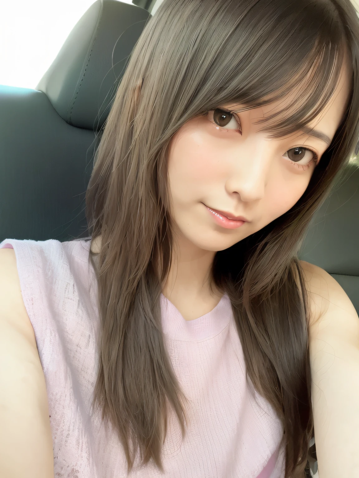 (tanned skin1.5)(Smile 1.6)、4K,Highest quality、Masterpiece、Selfie from diagonally above、cute、Mid-chest、 Perfect beauty、With bangs、Loose and fluffy hair、Light brown hair、 False eyelashes、eyeliner、Highly detailed face and skin texture、False nails、Off-the-shoulder cropped T-shirt、mini skirt、Cafe Terrace