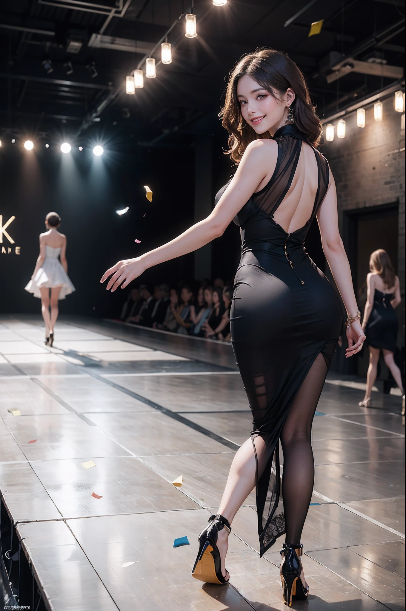 1girl in, (Smile:1.6) ,stunningly beautiful girl, Haute_Couture, designer dress, high-heels,high fashion, High Brand,Famous fashion shows, (Indoor runway:1.4),Long shaped face, beautiful countenance, darkred eyes, Sandy Blonde Side Sweep Hair, Short hair, Long ringlet, catwalk,Red carpet,Colorful confetti, Vivid colors, masutepiece, Best Quality, absurderes, Highest Quality, Amazing details, 8K, Aesthetic,Perfect Lighting,Look at viewers,(turned around:1.2),Large stage,Large crowd