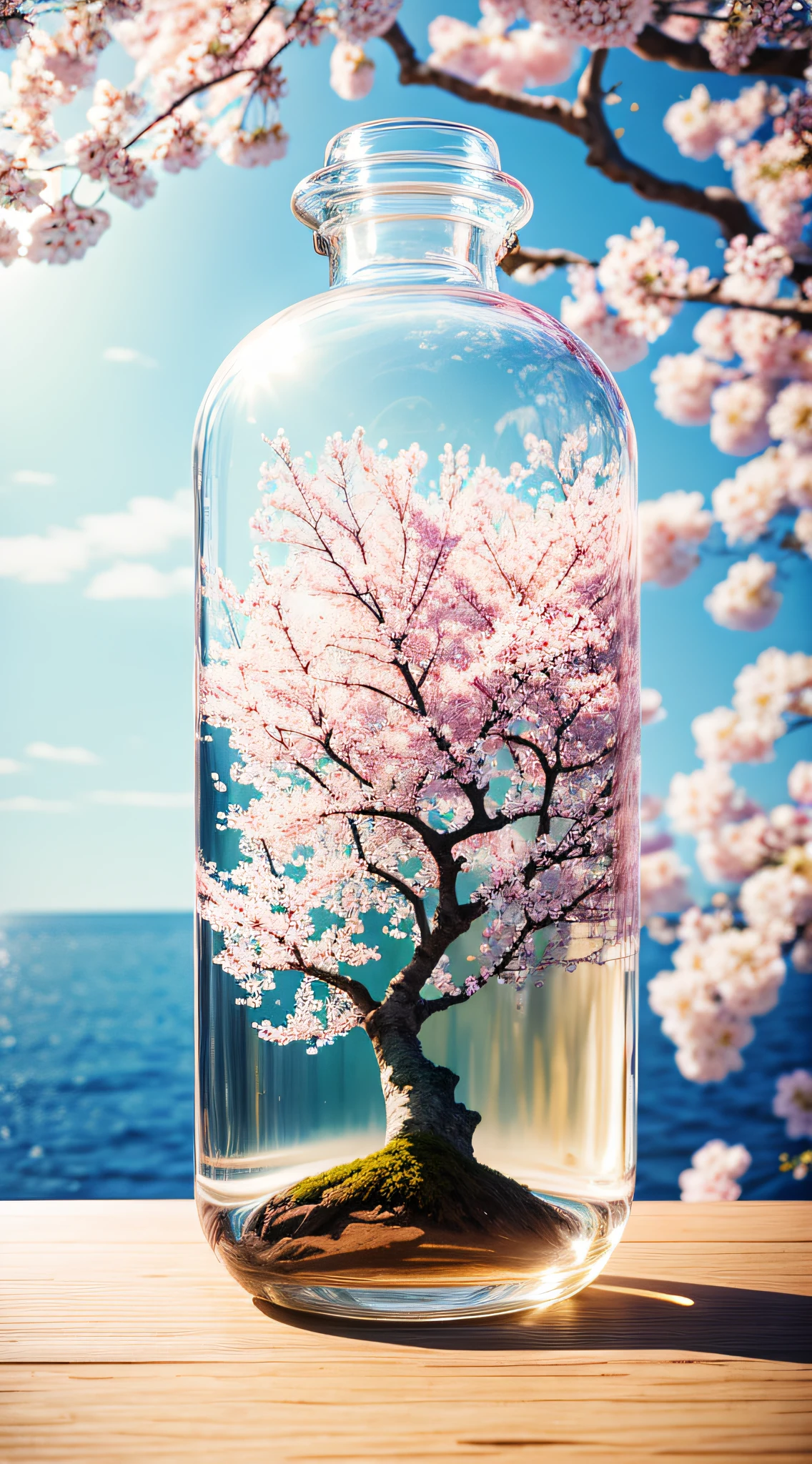 Cherry blossom tree in a bottle, Fluffy, Realistic, depth of fields，Atmospheric light refraction, nikon d850 film stock photograph 4 kodak portra 400 camera f1.6 Shots rich colors Ultra-realistic realistic textures Dramatic lighting Trends on Unreal Engine ArtStation CineStill 800, Style-Glass