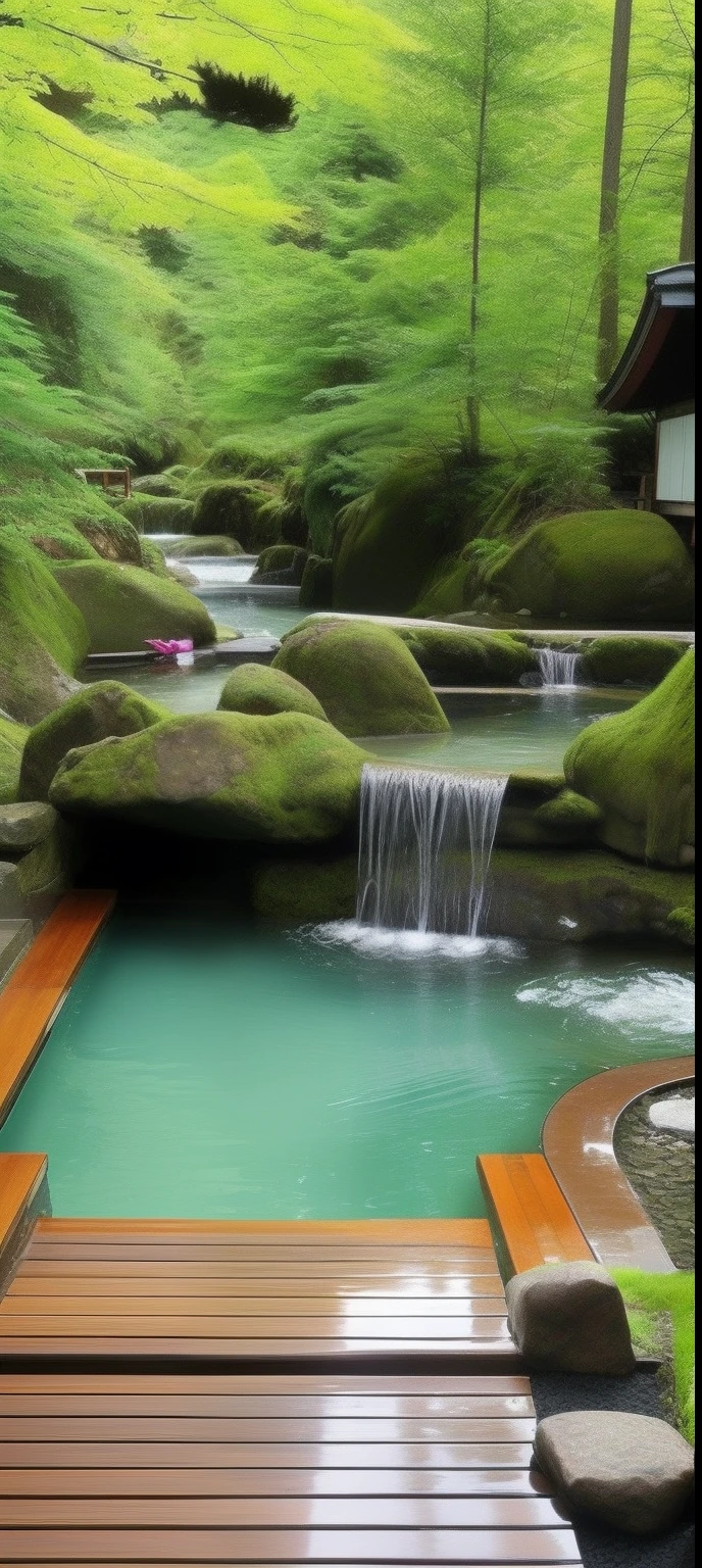 Background。Open-air bath in the mountains。hot onsen。