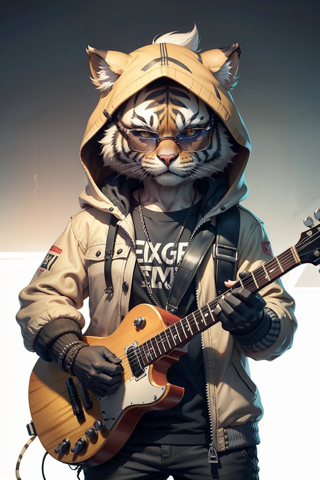 Cartoon tiger wearing jacket,Wearing sunglasses,holding guitars,Cool stage background,top-quality, single focal, 复杂 (the detail: 1.1) unreal-engine,tmasterpiece, (ultra-detailliert),