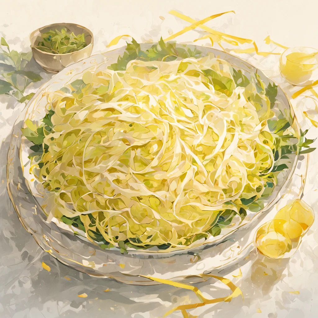 (White background:1.4),(A plate of sauerkraut，Yellow and white，Filamentous，vegetable foliage，Laotan sauerkraut，Northeast sauerkraut)，(Chinese illustration:1.3，paper art:1.3, Quilted paper art:1.2),( reasonable design, Clear lines, High sharpness,Best quality, Very detailed, Masterpiece, movie light effect, 4K )