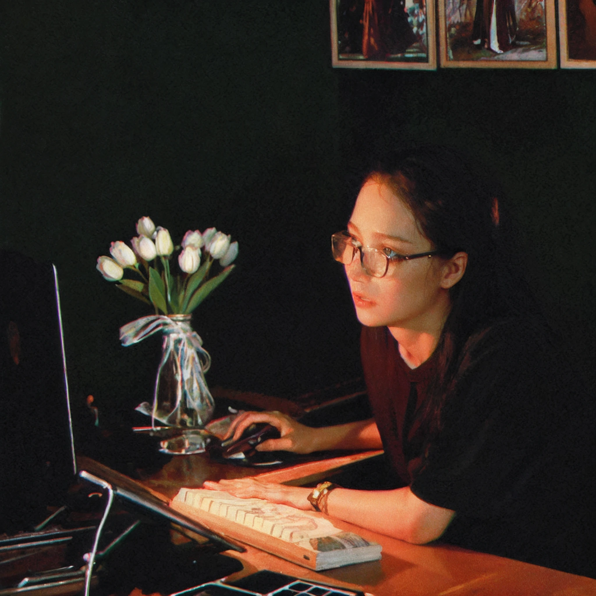 woman sitting at a desk with a laptop and a keyboard, in front of a computer, sitting at a computer, sitting in front of computer, sitting at desk at keyboard, inspired by Ruth Jên, digital artist, korean artist, lofi portrait, sitting at a computer desk, cover photo portrait of du juan, sangsoo jeong, photo portrait