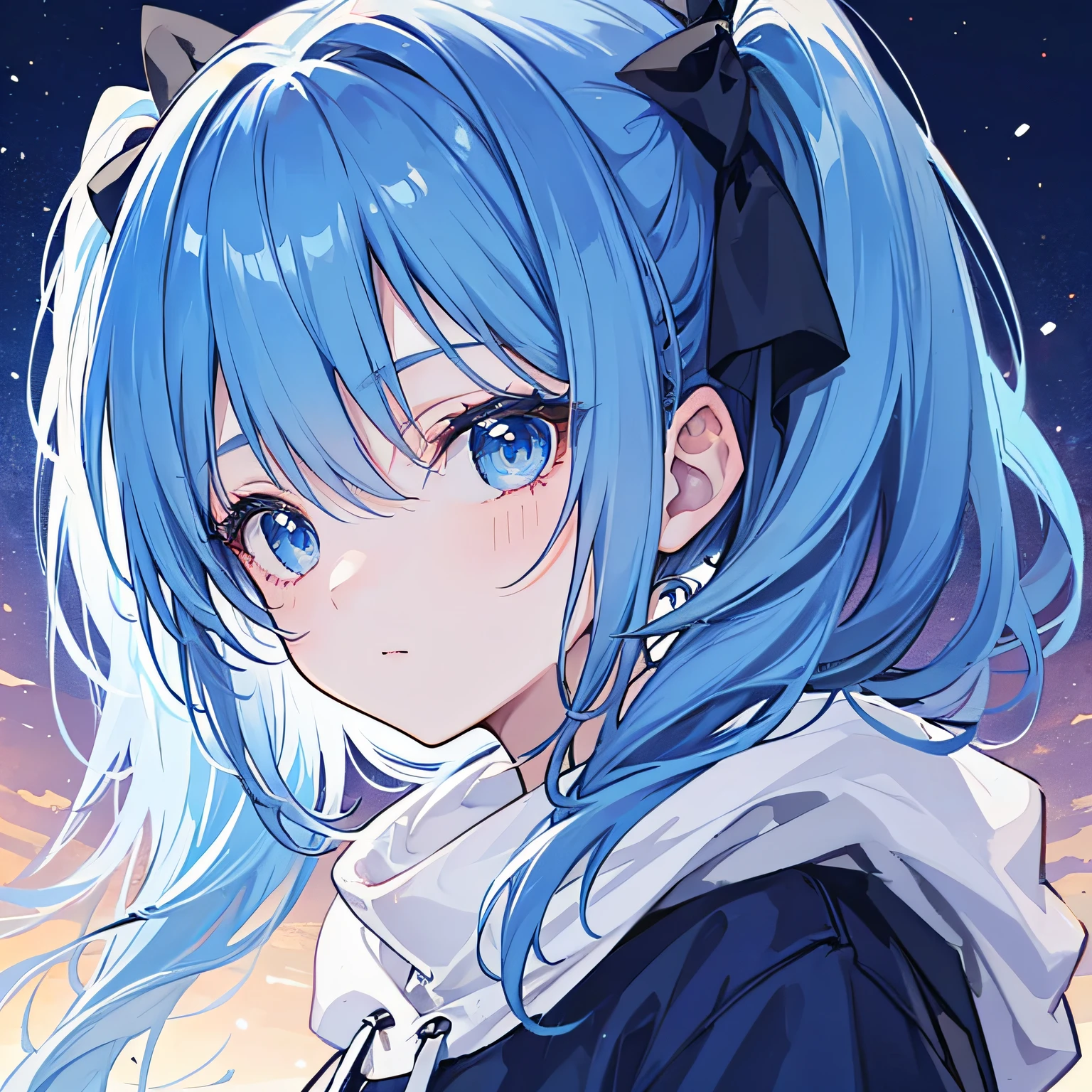 1girl, with light blue twintails hair and blue eyes, wearing a hair ribbon and a blue and white hoodie. The scene is set in winter, with the girl looking directly at the viewer. This image can be used as a profile picture.
