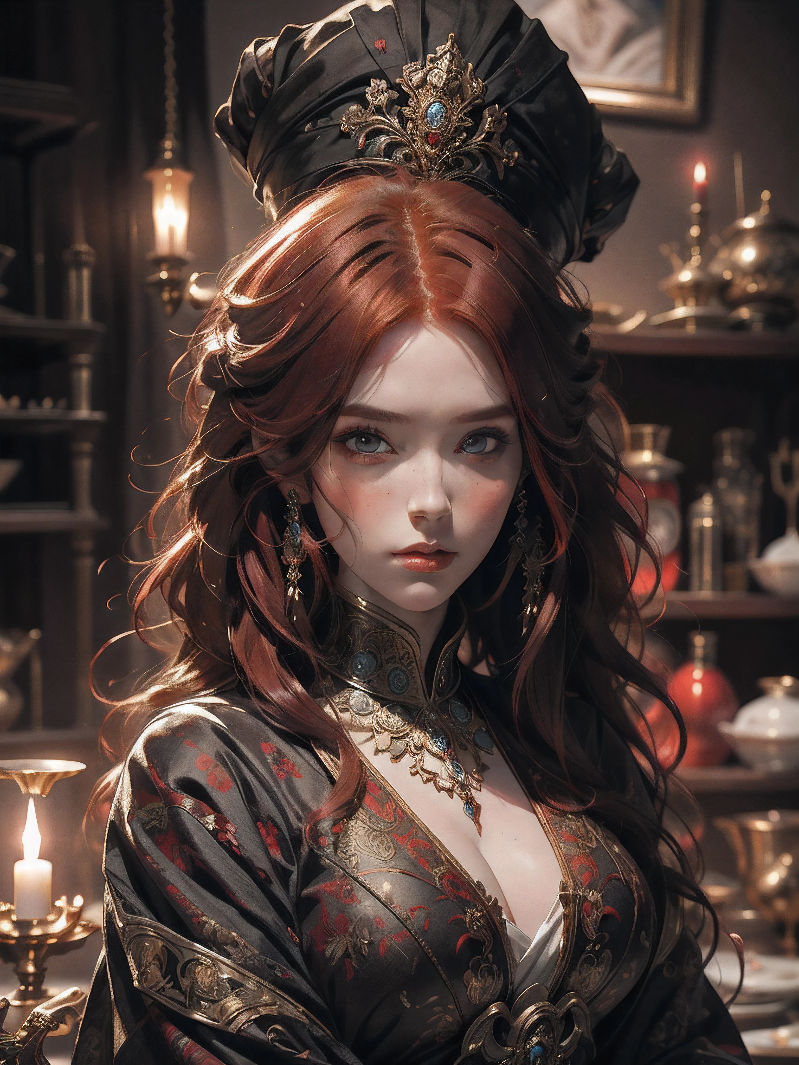 Portrait of a red-haired female royal woman,Wear a few pieces of clothing, Ultra photo realsisim, concept-art, Intricate details, eerie, Highly detailed, Photorealistic, rendering by octane, 8 k'', illusory engine. art by artgerm and greg rutkowski and alphonse mucha