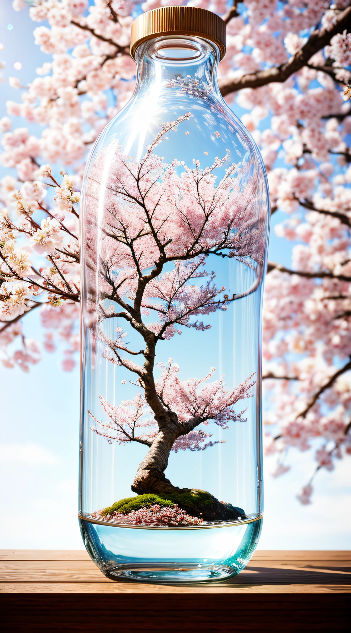 Cherry blossom tree in a bottle, Fluffy, Realistic, depth of fields，Atmospheric light refraction, nikon d850 film stock photograph 4 kodak portra 400 camera f1.6 Shots rich colors Ultra-realistic realistic textures Dramatic lighting Trends on Unreal Engine ArtStation CineStill 800, Style-Glass
