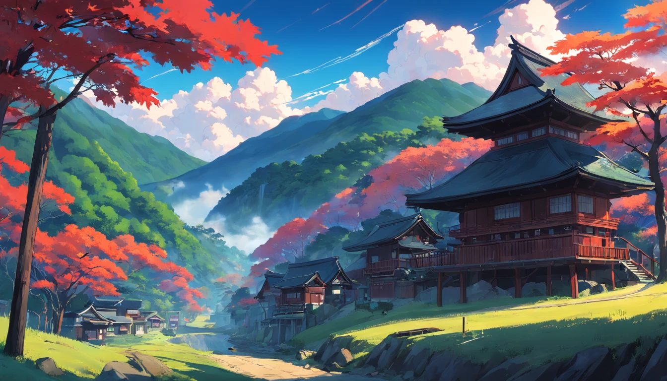 scenery, forest, village, well, sky, clouds, morning, japan vibes4K