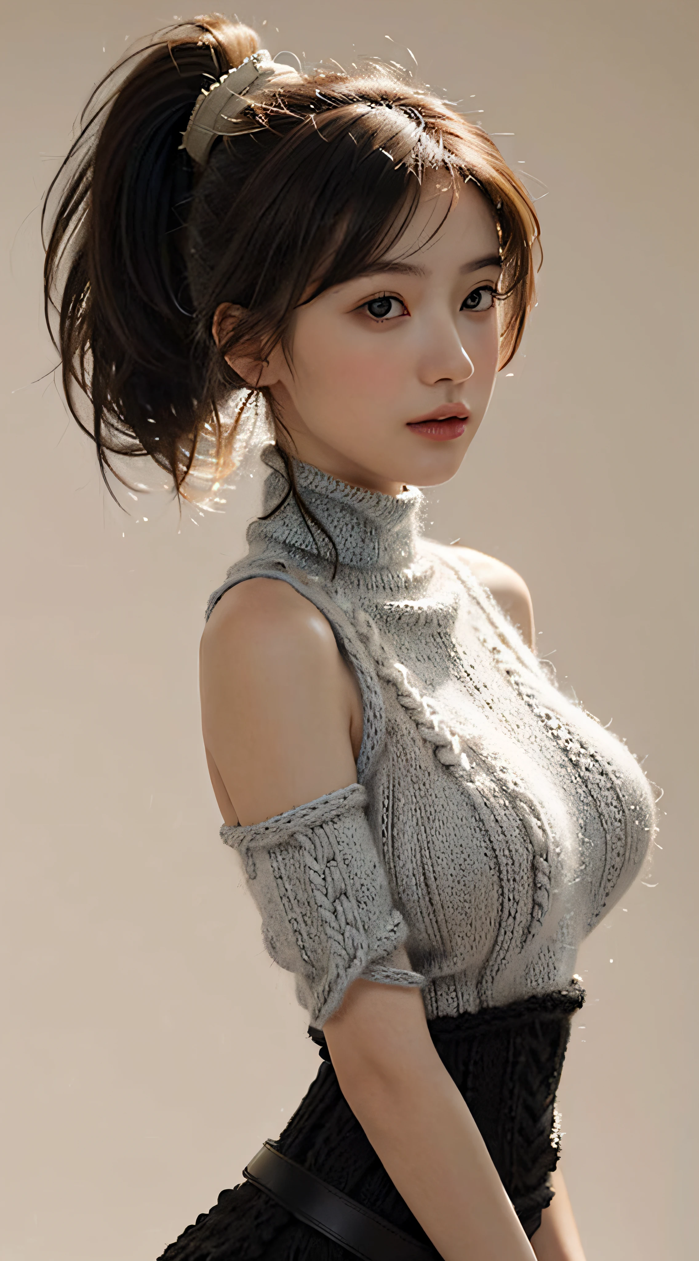 top-quality, Drawn details, (Put your face in, On the waist), masterpiece, 超A high resolution, (Realistic:1.4), Raw photo, (View here:1.5),(fair and clean skin, Fine-grained skin, Skin as young as a child), (Glossy atmosphere), (Smaller head), (a small face, With bright round face), (Beautiful fece), (Beautiful expression), (big eye:1.3),(Looking at me with a smile:0.7), (Strong affection), cute little, (Ponytail Brown Hair, straight haired, Soft hair quality:1.7), (1人の女性, 独奏), (firm breasts, Huge breasts:1.7), (A slender:1.3), (thin waist, Thin arms, Thin leg, thin neck, thin shoulders:1.4), (sloped shoulder), (Beige, turtle neck, knit:1.6), (a choker, A black) BREAK (Gray, Simple gradient background with depth:1.5), (softlighting:1.5),