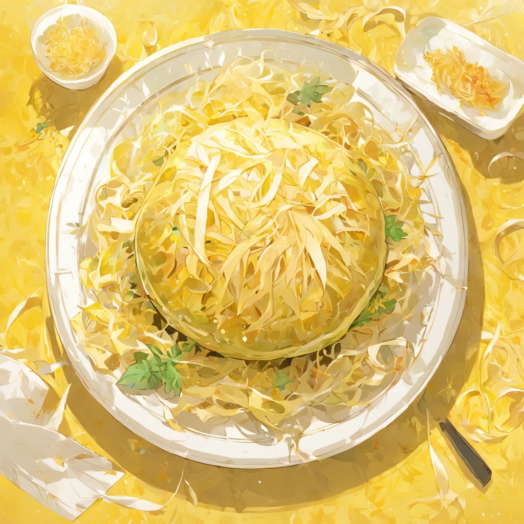 (White background:1.4),(A plate of sauerkraut,Yellow and white,Filamentous,vegetable foliage,Laotan sauerkraut,Northeast sauerkraut),(Chinese illustration:1.3,paper art:1.3, Quilted paper art:1.2),( reasonable design, Clear lines, High sharpness,Best quality, Very detailed, Masterpiece, movie light effect, 4K )