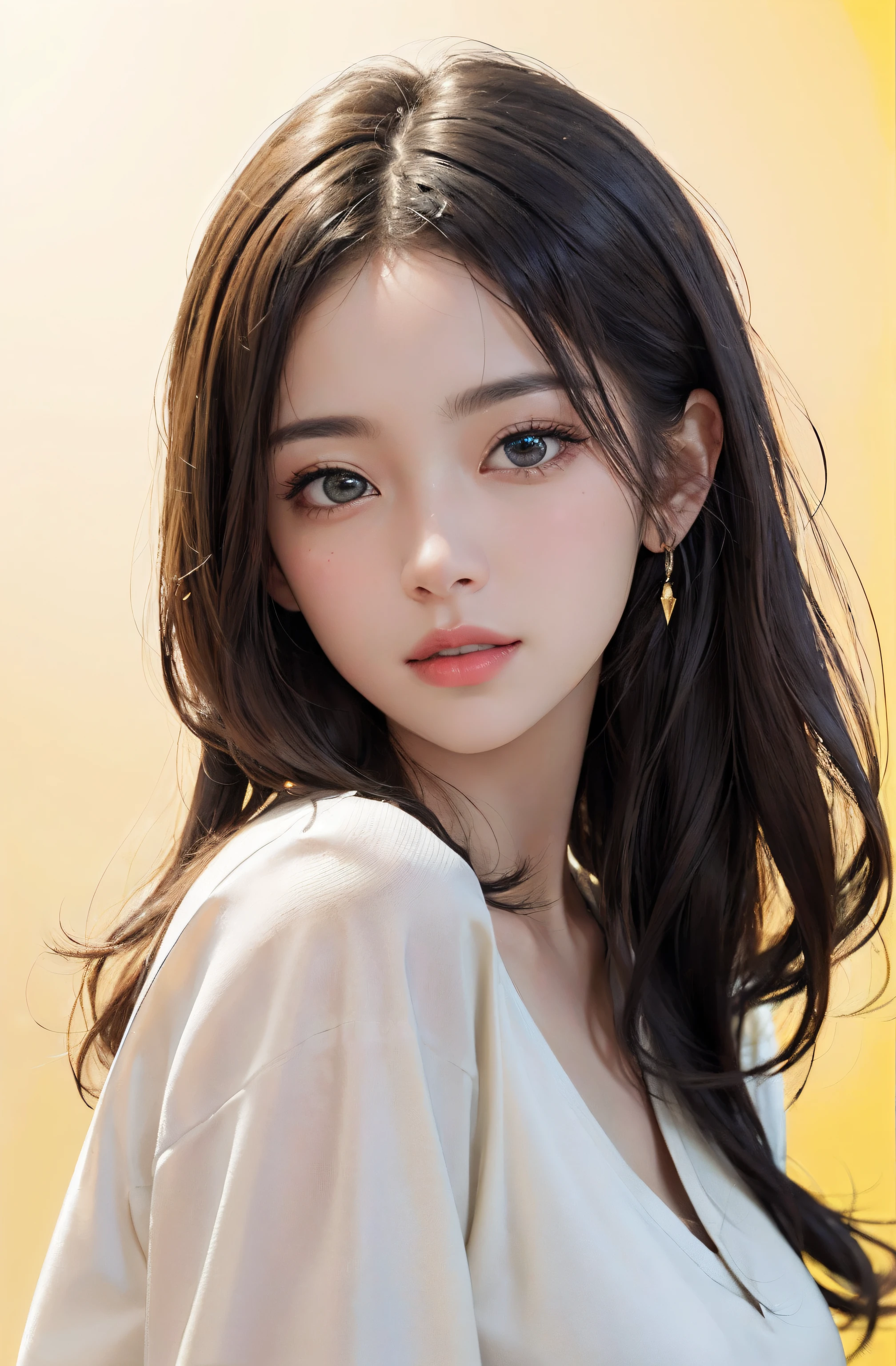 masterpiece, top-quality, 8K, absurderes, (The upper part of the body:1.4), white shirt, beautiful a girl, Clean face, looking at the viewers, A smile, A hyper-realistic, hight resolution, a picture, film grains, chromatic abberation, foco nítido, nffsw, face lights, Dynamic lighting, 电影灯光, Professional Shadows, simple background, (Dull yellow background:1.4), highestdetailed, ighly detailed, ultra-detailliert, finely detail, authentic skin, delicated facial features, detailed faces and eyes, Sharp pupils、Realistic pupils、(Korean、japanse、Chinese:0.3)、(Glossy lips:1.4)