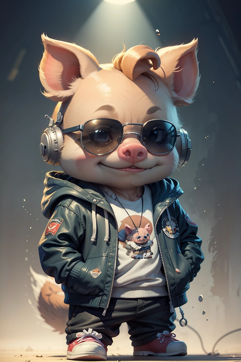 Cartoon piglet wearing jacket，Wearing sunglasses，holding guitars，Cool stage background，top-quality， single focal， 复杂 （the detail： 1.1） unreal-engine，tmasterpiece， （ultra-detailliert），