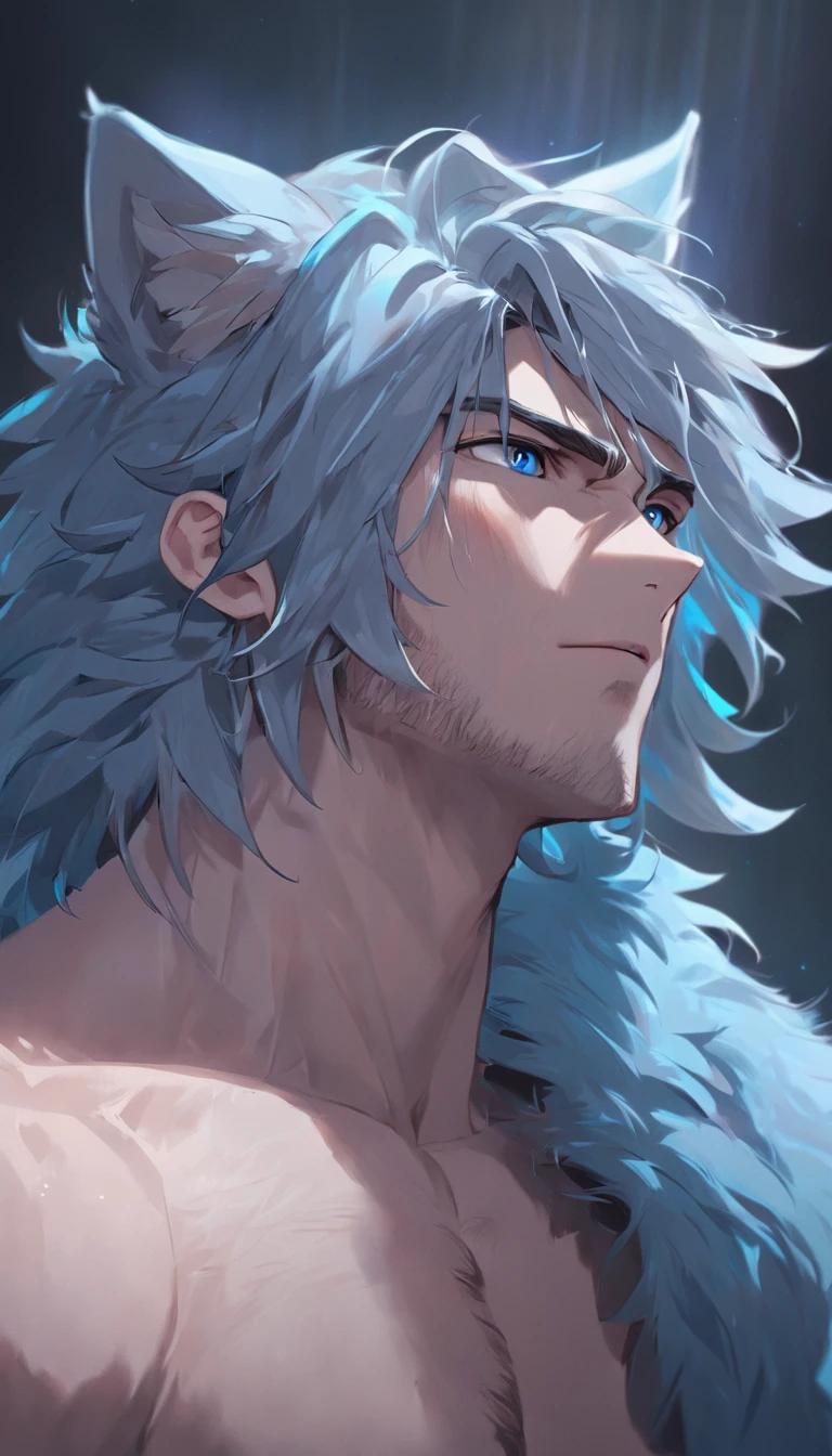 4K, high resolution, Best quality, Masterpiece, perfect colors, perfectly shaded, Perfect lighting, posted on e621, (by Chunie), Furry, anthro, Furry art, ((Portrait)), Male wolf, gray wolf, (two-toned fur), hairy bodies, Blue eyes, (Seductive look:1.2), fit body, perfect male figure, Wear men's shorts,Abs，musculature,Detailed fur, Detailed face, Perfect face, (The stands up), Detailed background, ((Bonifasko lighting)), Wolf tail, (Detailed eyes), perfect pupils