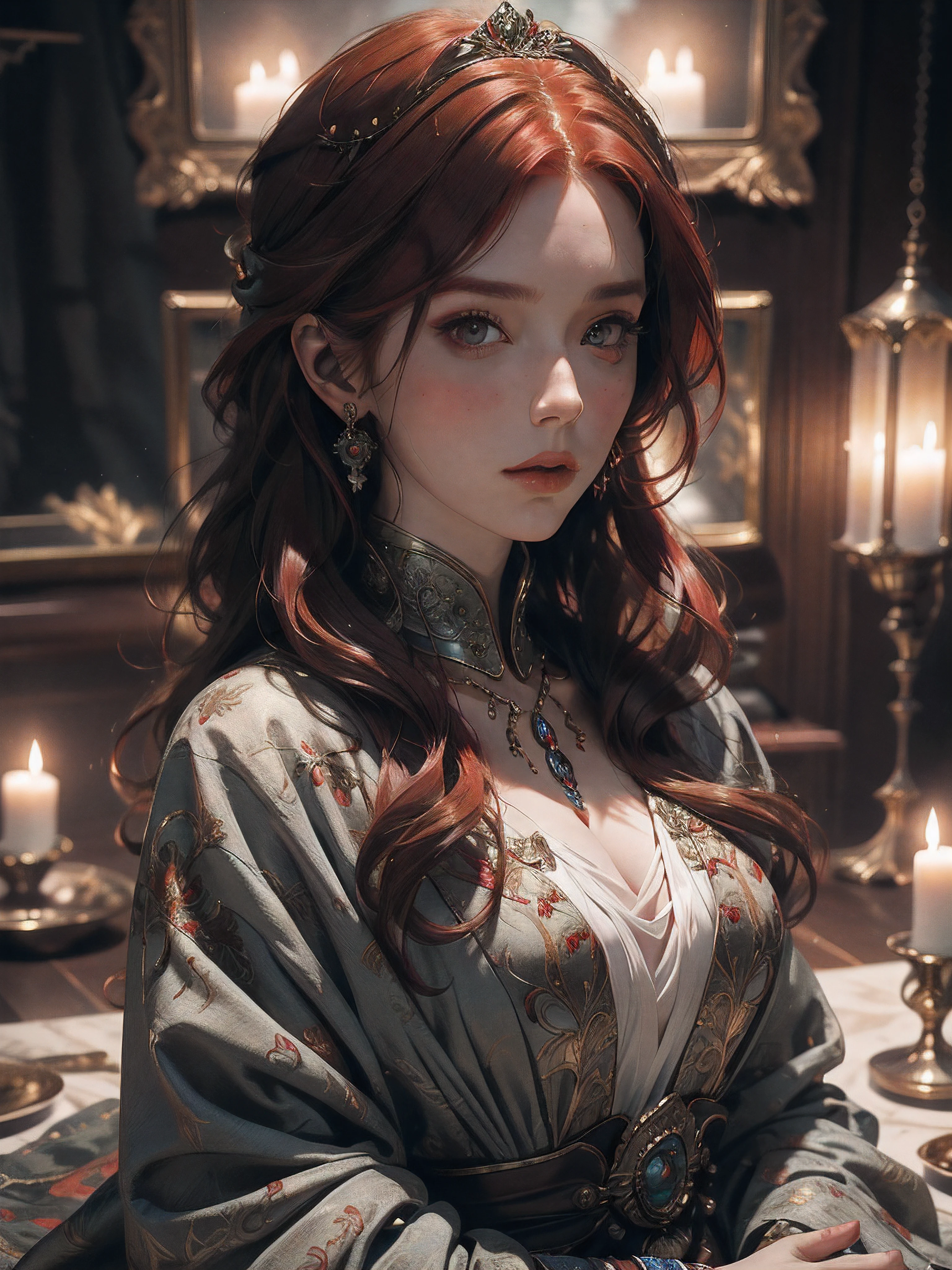 Portrait of a red-haired female royal woman，Wear a few pieces of clothing, Ultra photo realsisim, concept-art, Intricate details, eerie, Highly detailed, Photorealistic, rendering by octane, 8 k'', illusory engine. art by artgerm and greg rutkowski and alphonse mucha