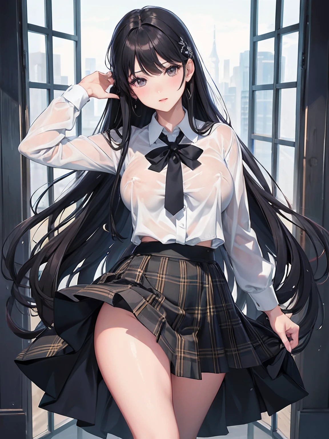 masterpiece、top-quality、hight resolution、High-quality images、8K、1womanl、detaileds、Detailed eye depiction、the detail、skin gloss、Lustrous black hair、Long hair、Lisa、portlate、large full breasts、large hips、waist constriction、Worn school uniform、Plaid gray mini skirt、White underwear、Pose with buttocks sticking out、It's raining a little、After school、posterior view