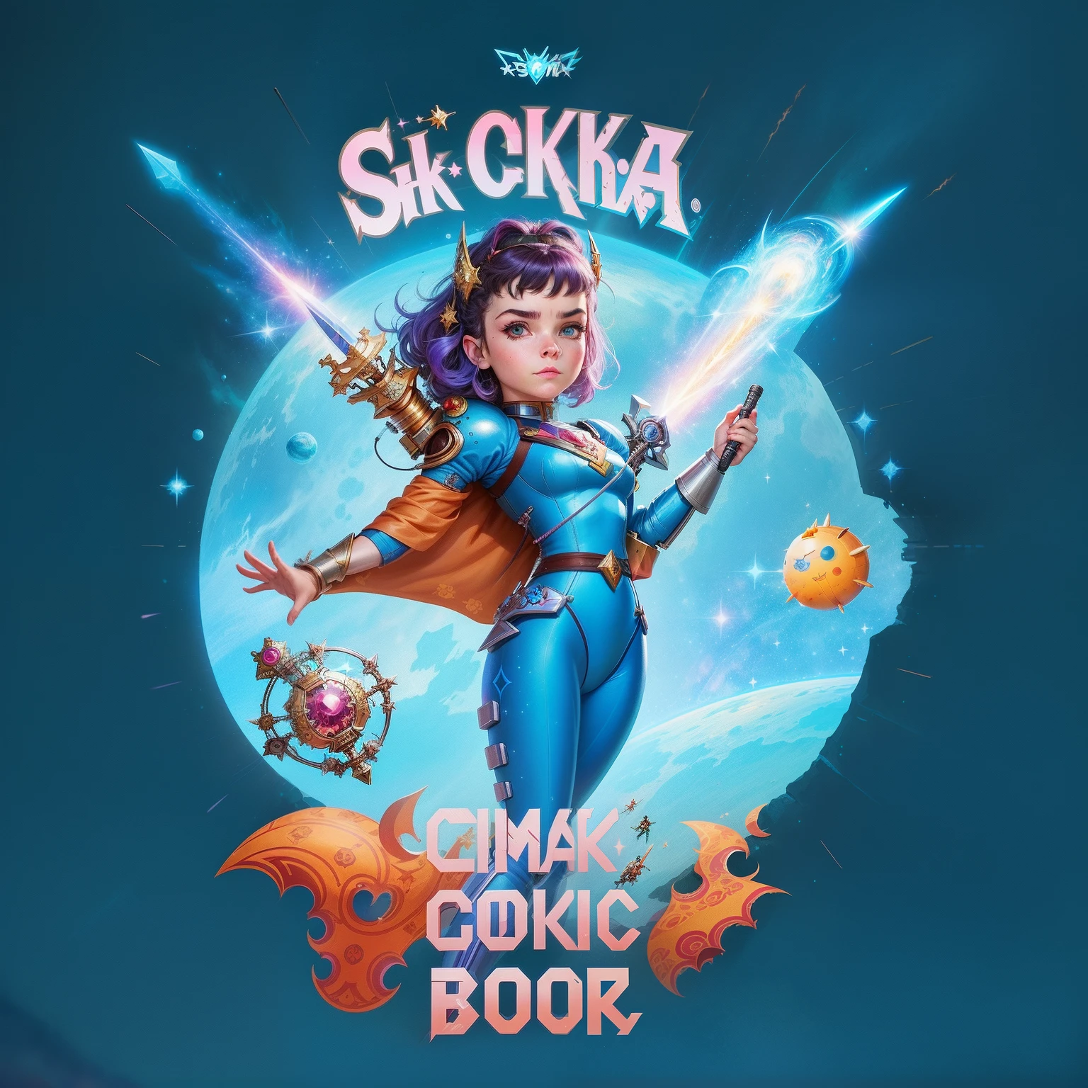 a close up of a cartoon of a woman with a sword, cosmic bjork, sick, the mekanik doll, official artwork, comicbook cover, official fanart, coka-cola advertisement, promotional art, sicko, skottie young, album art, shocking, promo art, by Seb McKinnon, by Micha Klein, she-ra, she - ra