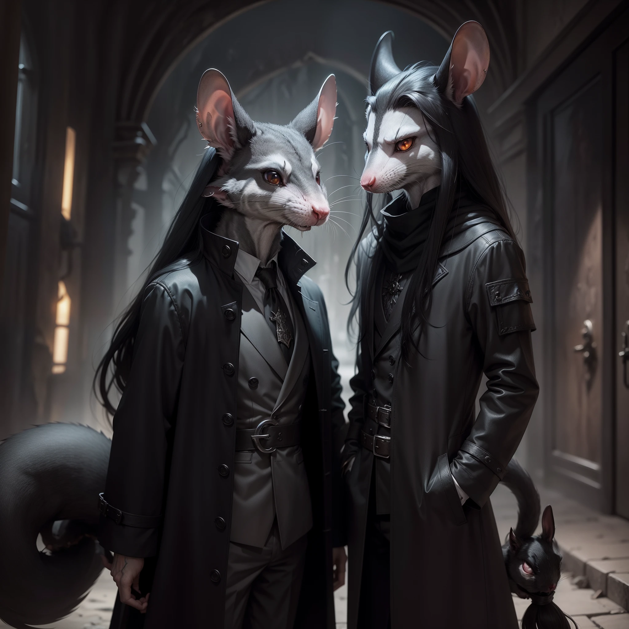Ratfolk, male (anthropomorphic rat). gray eyes. long black hair. Long gray coat. eldritch, brutal.