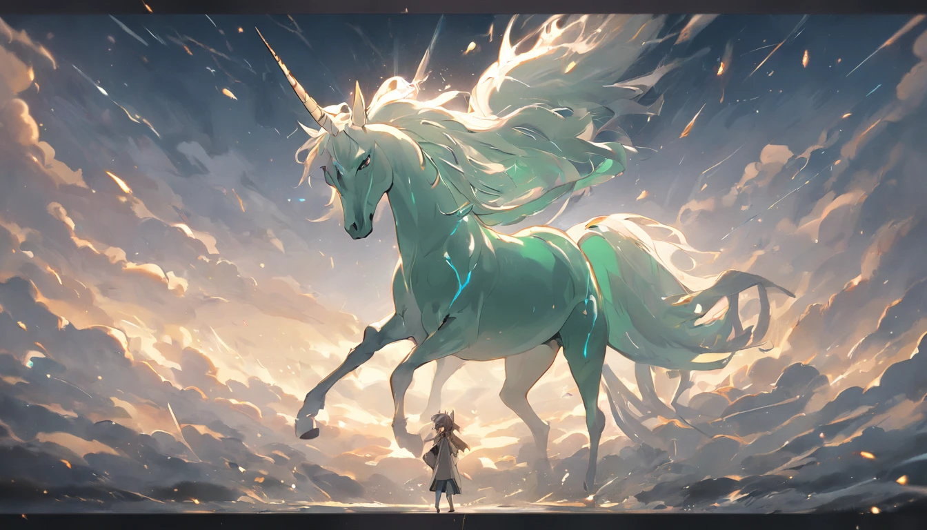 (Legendary artwork),(a unicorn),Dark green body,,rendering by octane:1.5,Elongated body:1.5,In the cloud,Faraway view,Ultra-clear image quality,No characters,(Cloud effect:1.5),(lightning effects:1.5),(Water vapor effect:1.5),super detailing,8k,official works