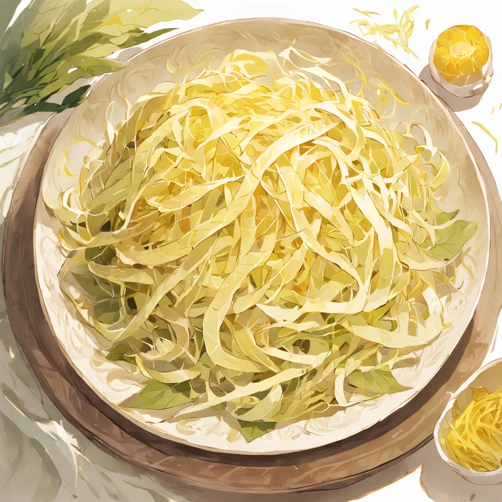 (White background:1.4),(A plate of sauerkraut，Yellow and white，Filaments are piled up in a pile on a plate，vegetable foliage，Complete plate shape，Northeast sauerkraut)，(Chinese illustration:1.3，paper art:1.3, Quilted paper art:1.2),( reasonable design, Clear lines, High sharpness,Best quality, Very detailed, Masterpiece, movie light effect, 4K )