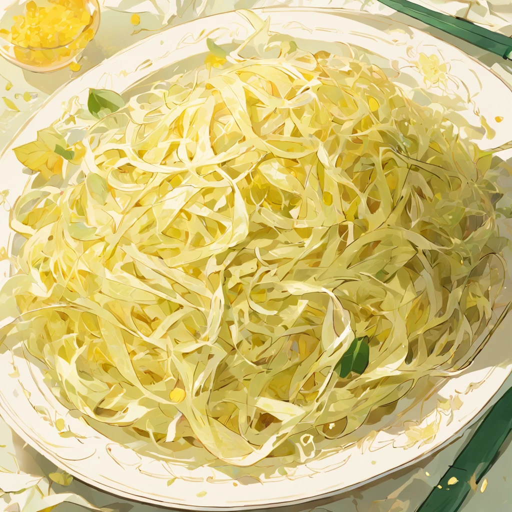 (White background:1.4),(A plate of sauerkraut，Yellow and white，Filaments are piled up in a pile on a plate，vegetable foliage，Complete plate shape，Northeast sauerkraut)，(Chinese illustration:1.3，paper art:1.3, Quilted paper art:1.2),( reasonable design, Clear lines, High sharpness,Best quality, Very detailed, Masterpiece, movie light effect, 4K )