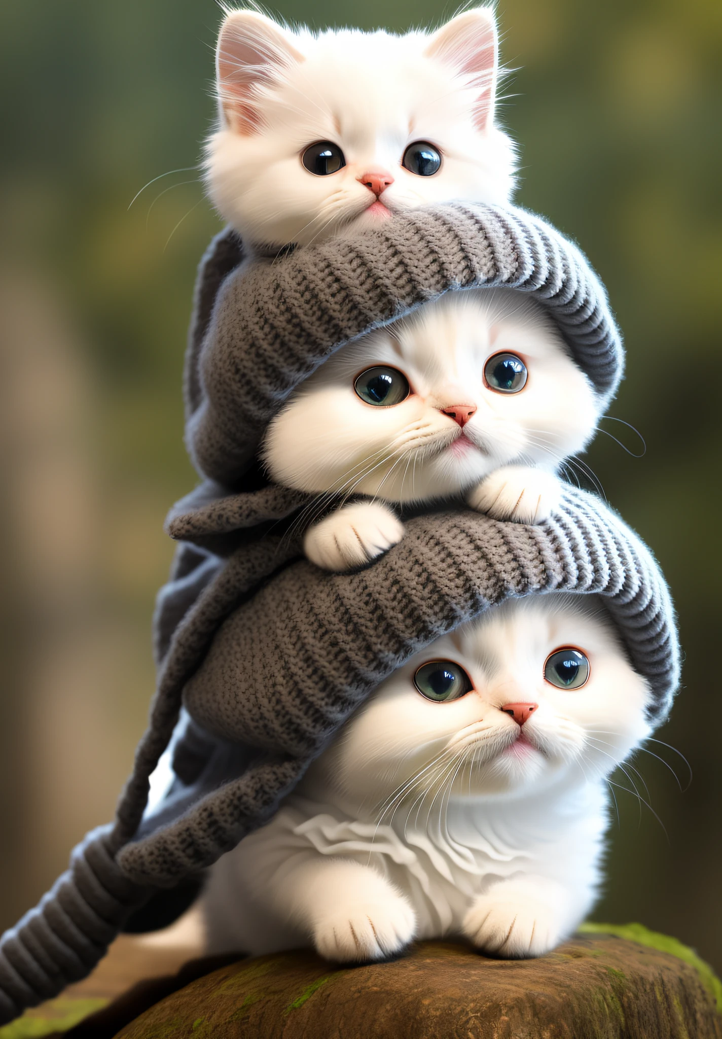 There are three kittens that are wrapped in a blanket, painting digital adorable, gatos bonitos, bonito 3 d render, arte digital bonito, gatinhos bonitos, foto de gato bonito, adoravelmente fofo, cute adorable, cute and adorable, arte digital detalhada bonito, fofo, smol fluffy cat wearing smol hat, animal bonito, fofo e fofinho, lovely and cute, gato bonito