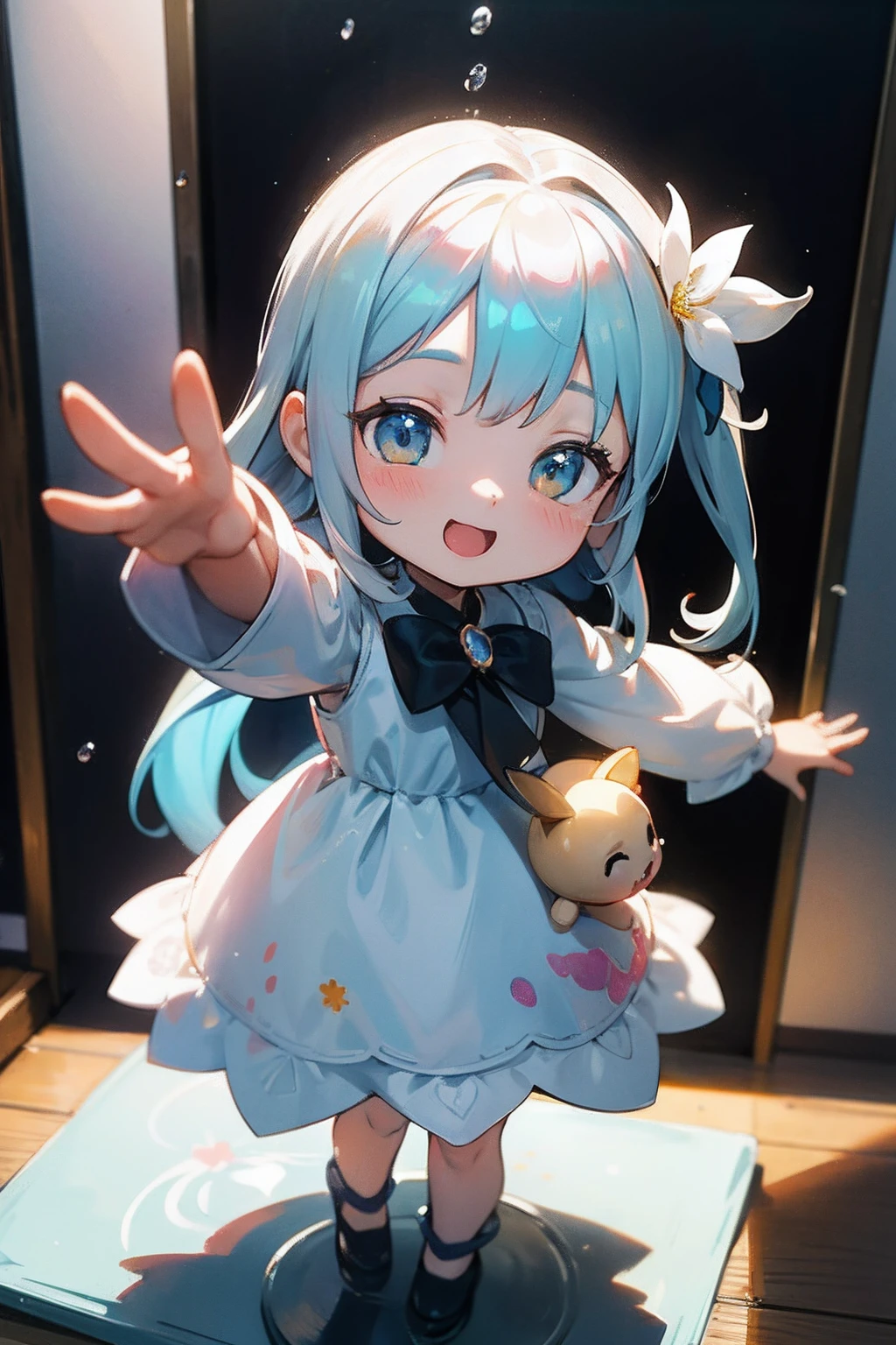 photoRealstic、Doll standing in front of the painting、swim wears、laugh face、Water droplets on the cheeks、Take an outstretched pose、Sengai、pixiv、rokoko、dollfie dream、watercolor Nendoroid、(High Definition Figure)、Flowing iridescent silk、nendroid、up of face、There are also flowers in front of the nendroids、Morning glory petals、season!!: 夏☀ 🍂 朝顔