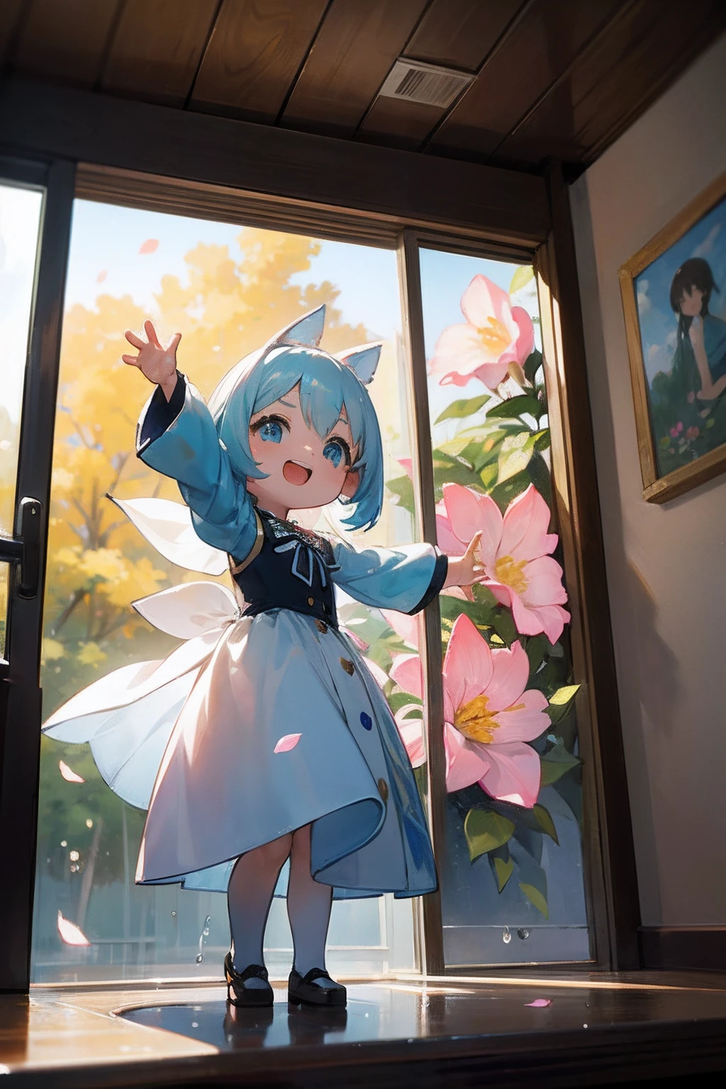 photoRealstic、Doll standing in front of the painting、swim wears、laugh face、Water droplets on the cheeks、Take an outstretched pose、Sengai、pixiv、rokoko、dollfie dream、watercolor Nendoroid、(High Definition Figure)、Flowing iridescent silk、nendroid、up of face、There are also flowers in front of the nendroids、Morning glory petals、season!!: 夏☀ 🍂 朝顔
