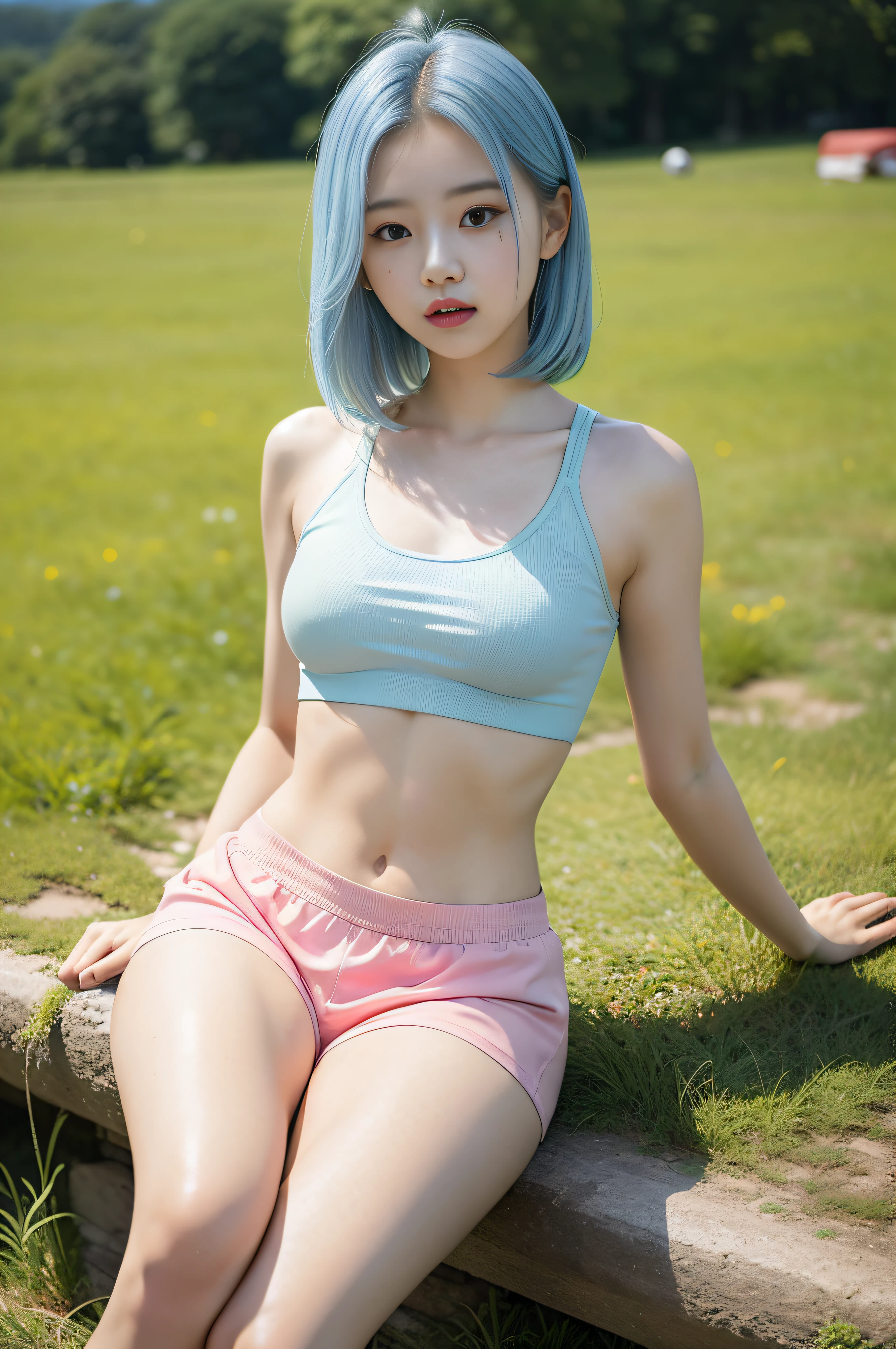 full body, A korean young girl, 18yo, 18 years old korean young girl is in a field, fantasy field, small breast, petite figure, long light blue hair, fantasy tight crop top, fantasy low waist tight pink shorts, small tits, ((thin-waist)), a small face