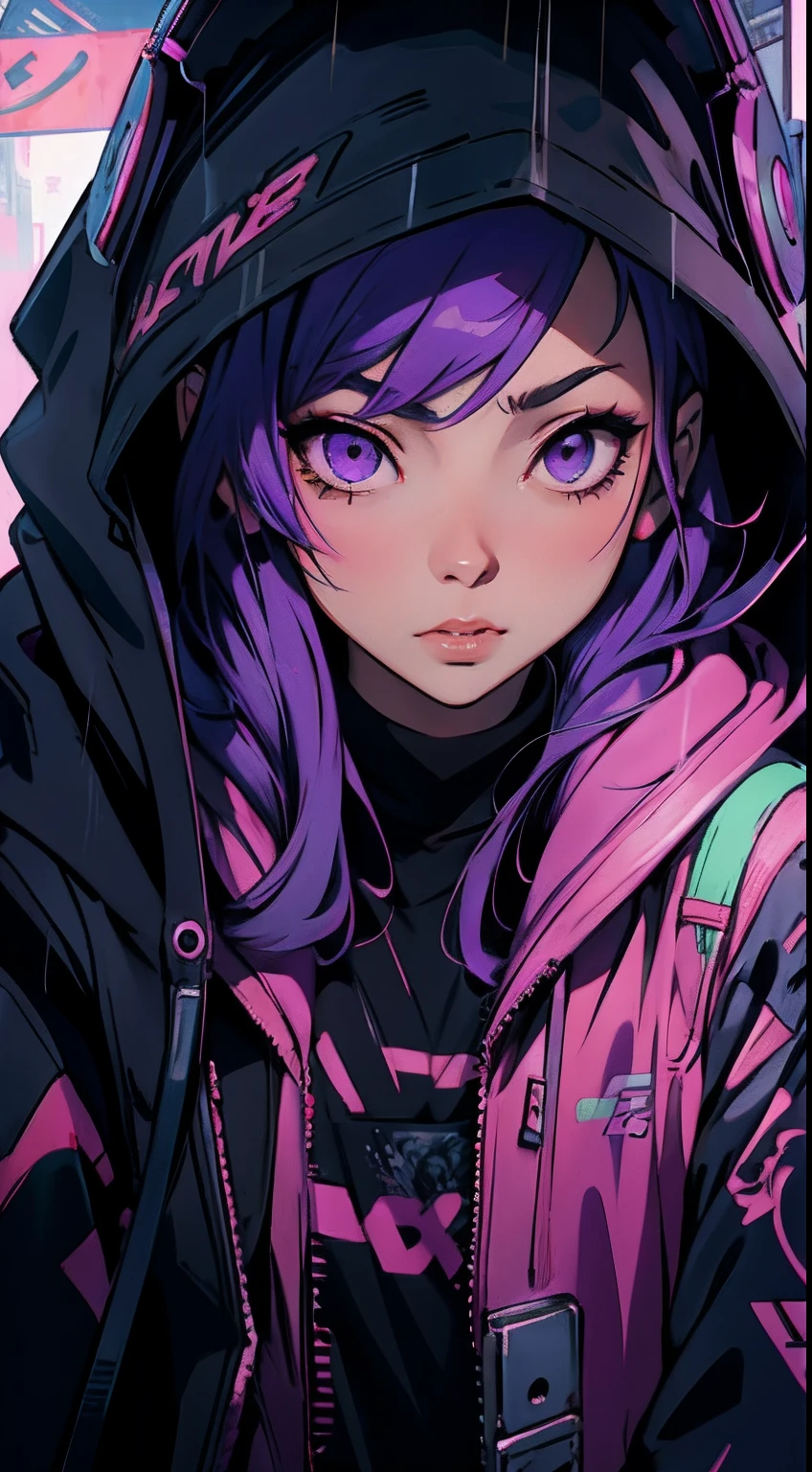 anime girl with purple hair and hoodie in the rain, cyberpunk anime girl in hoodie, artwork in the style of guweiz, digital cyberpunk anime art, anime cyberpunk art, cyberpunk anime girl, female cyberpunk anime girl, cyberpunk art style, cyberpunk anime art, digital cyberpunk - anime art, modern cyberpunk anime, rossdraws 2. 0, dreamy cyberpunk girl, anime cyberpunk