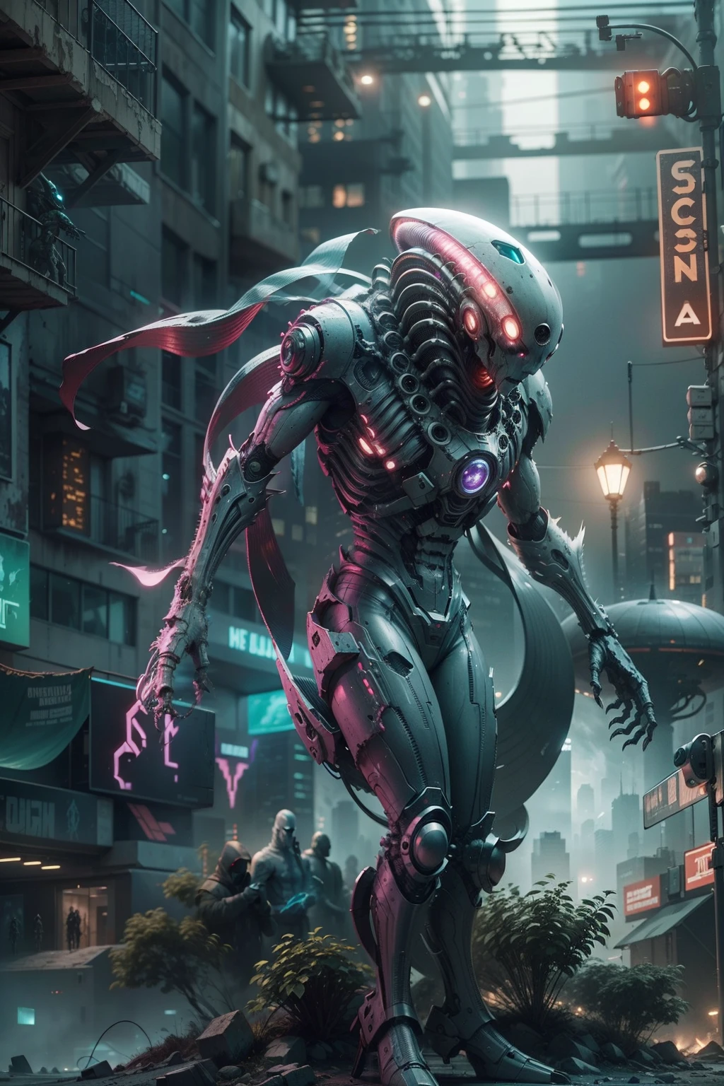 A technologically advanced and highly detailed alien in a post-apocalyptic cityscape.Ghost statues of futuristic aliens from another dimension of the universe, Destroyer