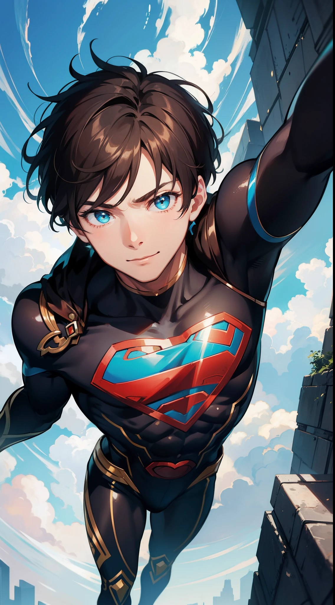 Young guy, short brown hair, Cyan eyes, brawn, Black Superman Costume, ssmile, Masterpiece, hiquality